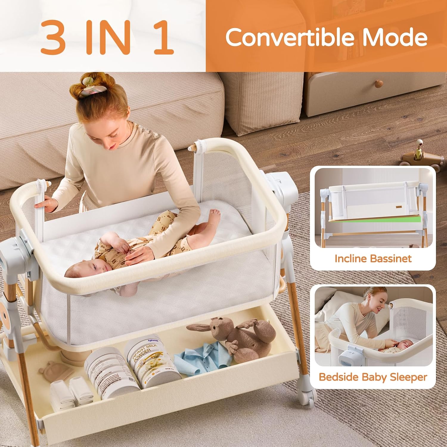 AUCT 19513 - $130 3 in 1 Baby Bassinet,Bedside/Rocking Bassinet for Baby,Bedside Crib with lockable Whe - Image 3