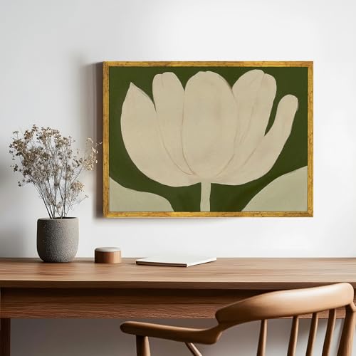 AUCT 19175m - $92 Large Gold Framed White Tulip Canvas Poster Green Modern Botanical Wall Art Elegant Fl - Image 4