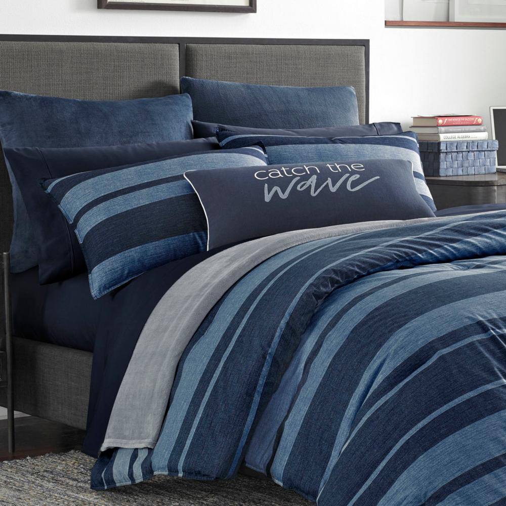AUCT 17713 - $75 Long point 2-Piece Navy Blue Striped Cotton Twin/Twin X L Comforter Set - Image 3