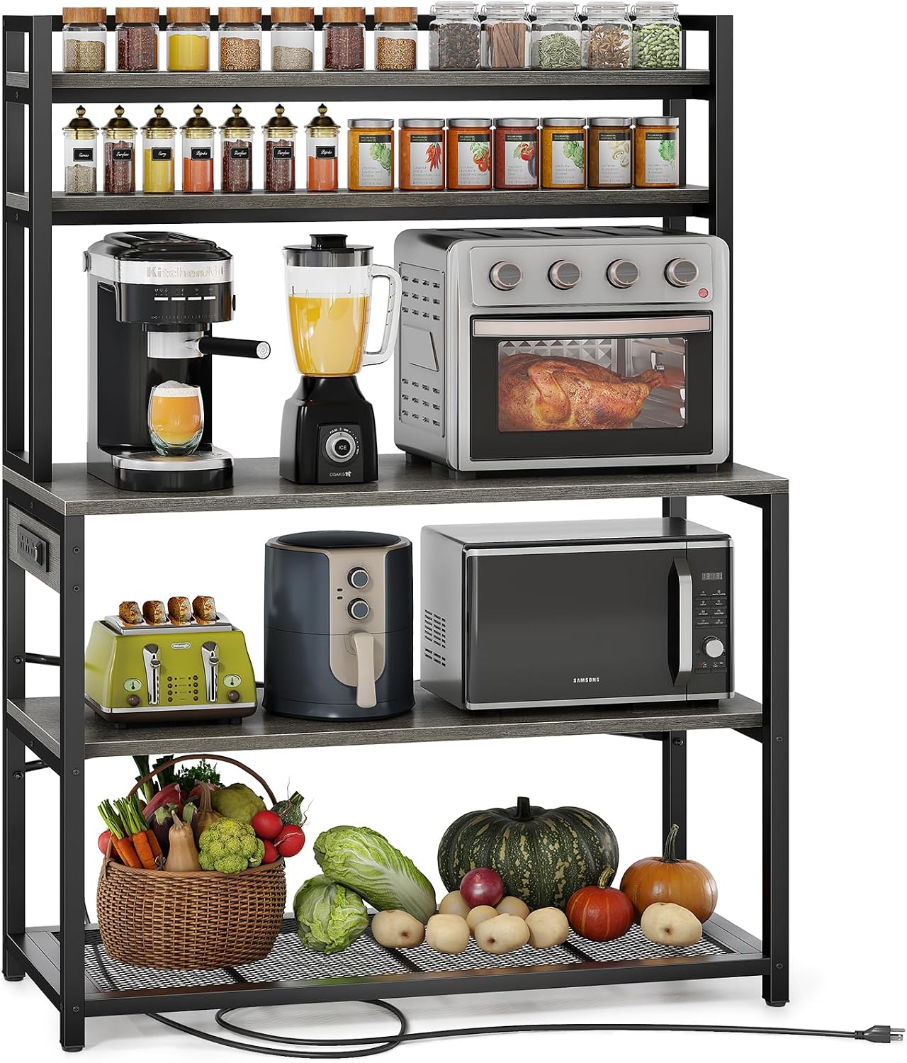 AUCT 18982 - $130 Denkee Large Bakers Rack with Power Outlets, 38 Inch Microwave Stand with Storage, 5-