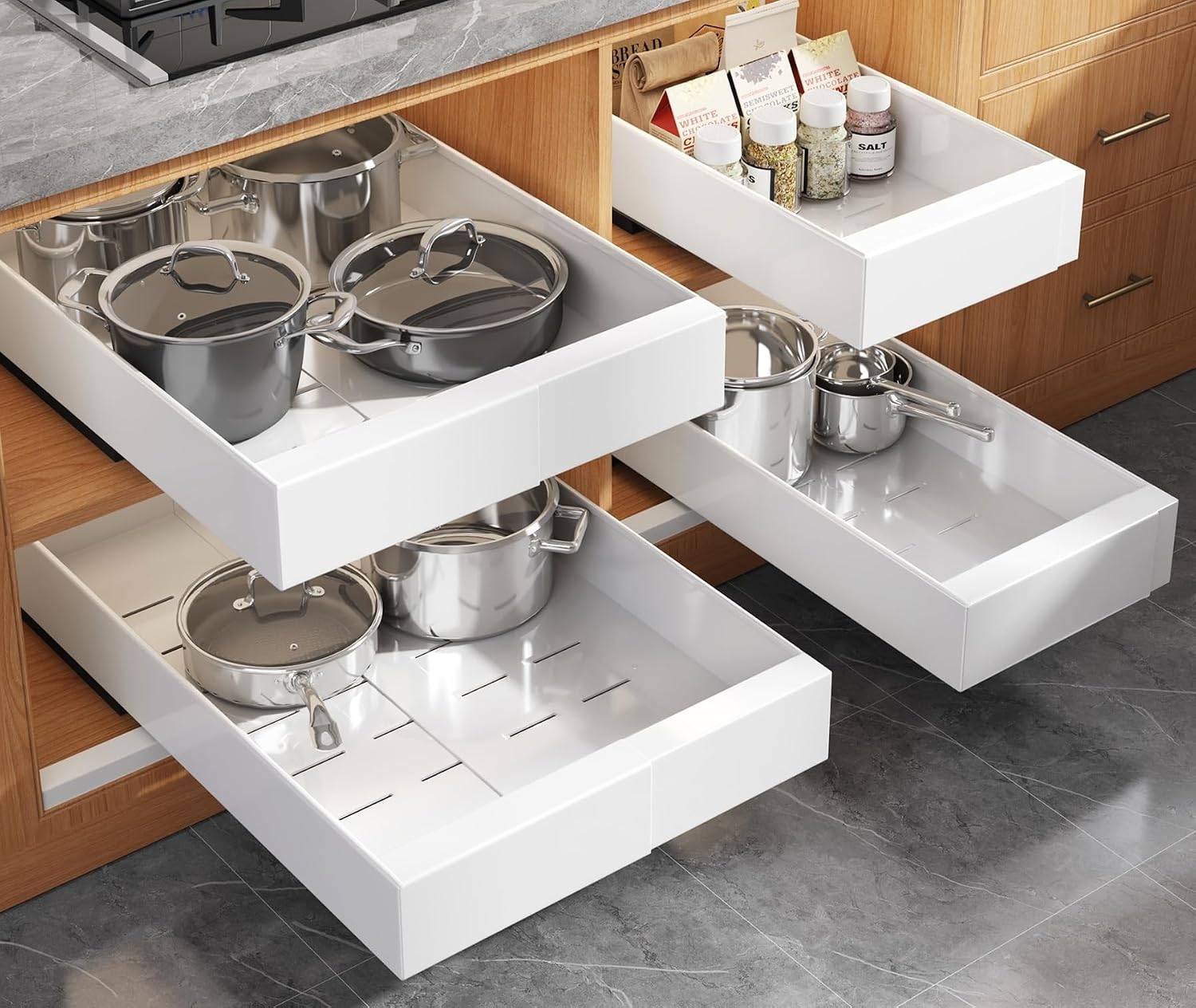 AUCT 20130 - $130 Seinloes 4 Pack Expandable Pull Out Cabinet Organizer 21" Deep With Raising Pad for F