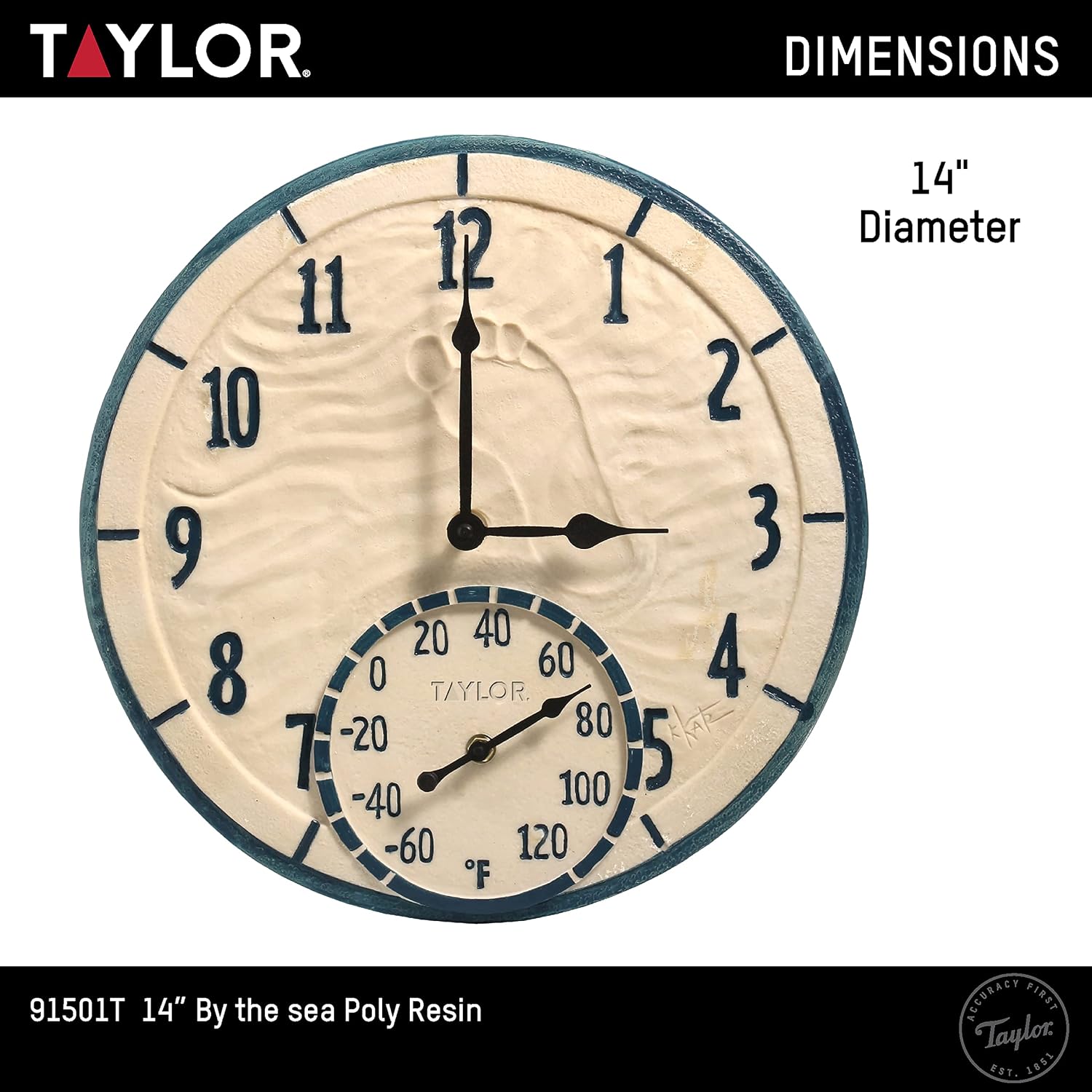 AUCT 19608 - Taylor By The Sea Poly Resin Indoor and Outdoor Clock and Thermometer, Decorative and Easy - Image 4