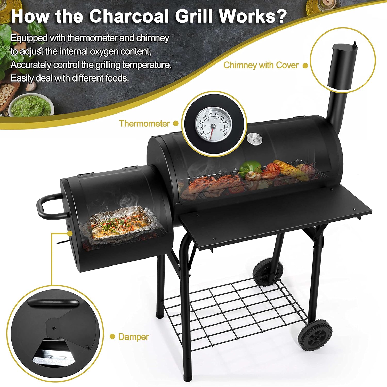AUCT 18504 - $108 Joyfair Charcoal Grill with Offset Smoker, Outdoor BBQ Camping Barrel Grill | 551 Sq. - Image 4