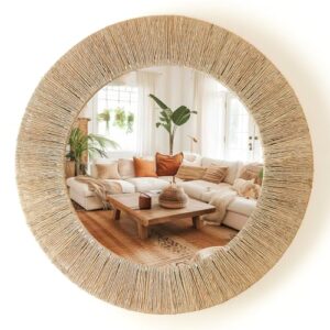 AUCT 19161 - $70 Chi An Home 24 inch Natural Jute Round Wall Mirror, Boho Decor Wall Mirror
