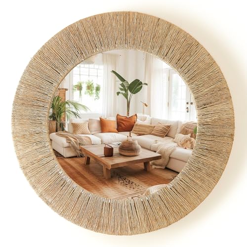 AUCT 19161 - $70 Chi An Home 24 inch Natural Jute Round Wall Mirror, Boho Decor Wall Mirror