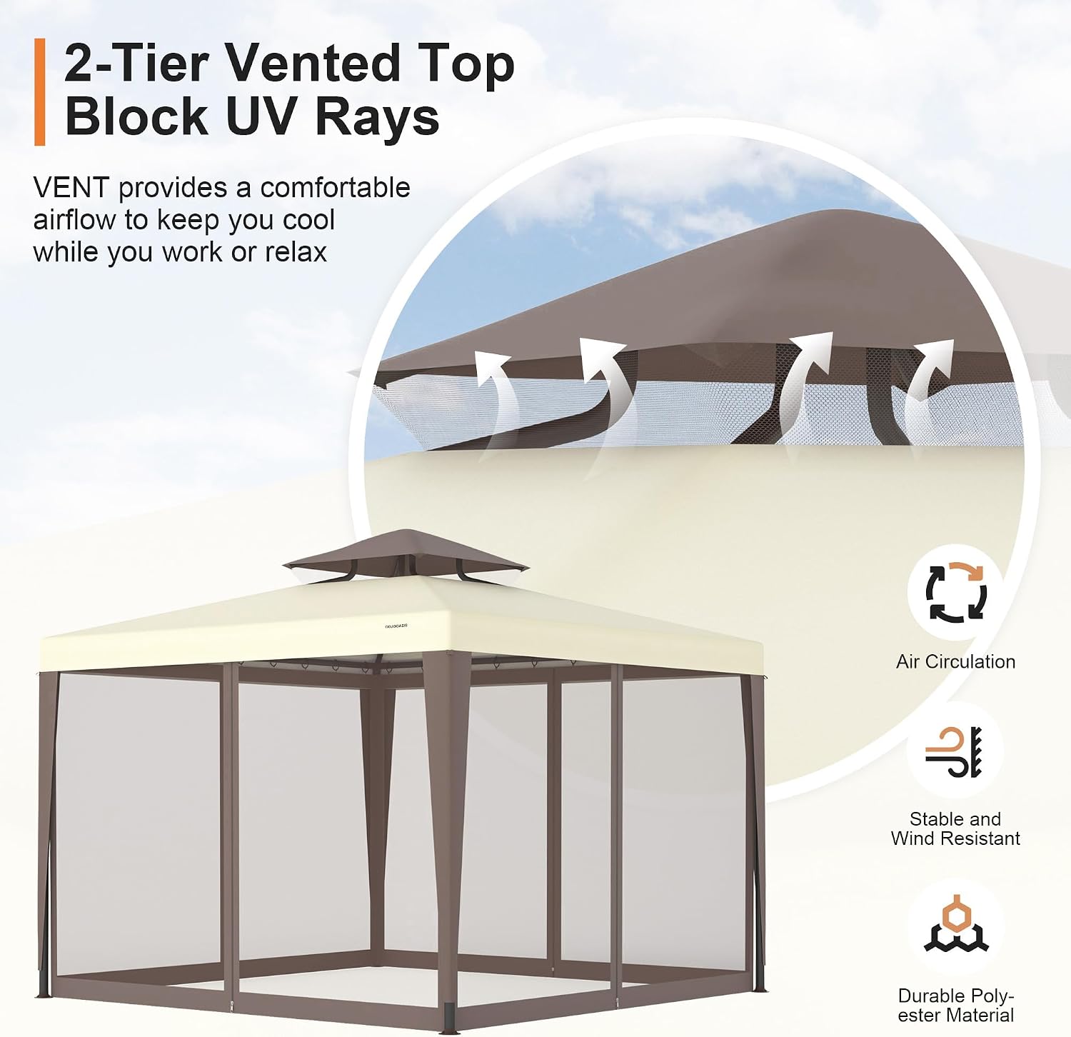 AUCT 18557 - $88 10'x10' Patio Gazebo Canopy Tent w/Removable Netting, Beige | Outdoor Shelter, Ventila - Image 2
