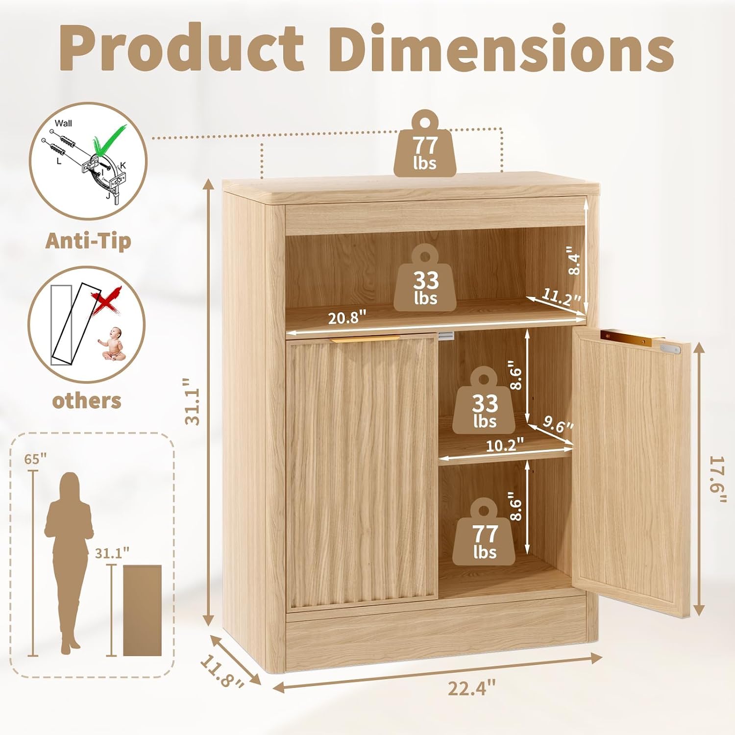 AUCT 18409 - $90 Fluted Buffet Cabinet with Storage, Small Coffee Bar Cabinet with Doors & Adjustable S - Image 2