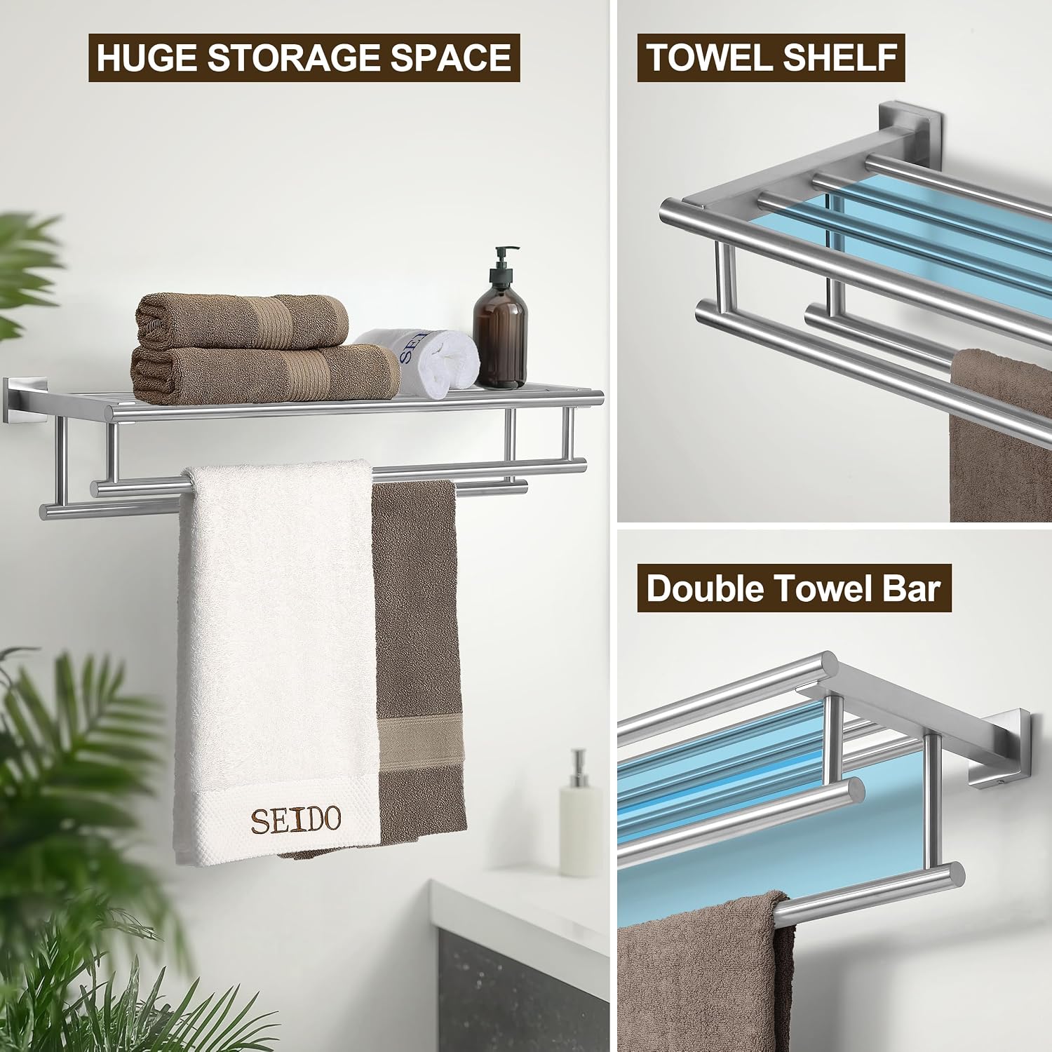 AUCT 20146 - $58 SEIDO 30 Inch Wall Mounted Towel Rack with Shelf, 2-Tier Bathroom Organizer with Doubl - Image 2