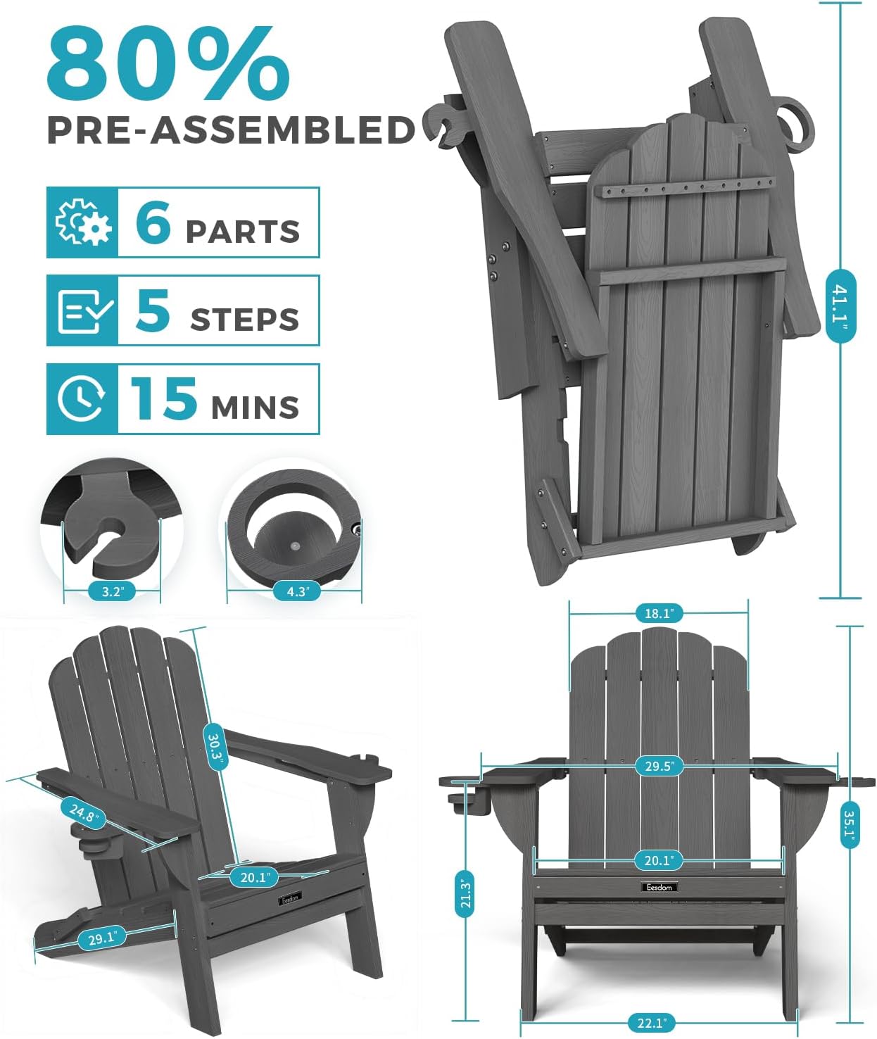 AUCT 18364 - $90 Folding Adirondack Chair, All-Weather HDPE Plastic Patio Chair with 2 Cup Holders, Woo - Image 3