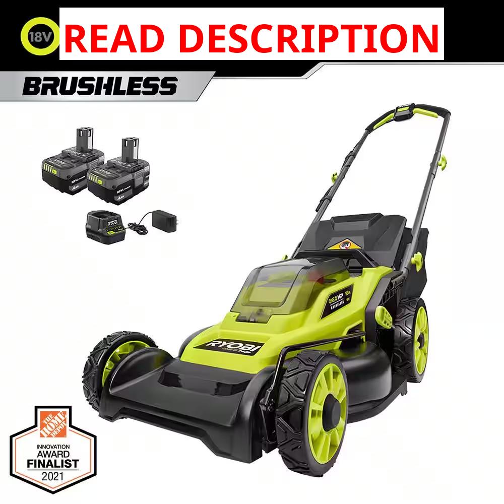 AUCT 18762 - $299 ONE+ HP 18V Brushless 16 in. Cordless Battery Walk Behind Push Lawn Mower with (2) 4.