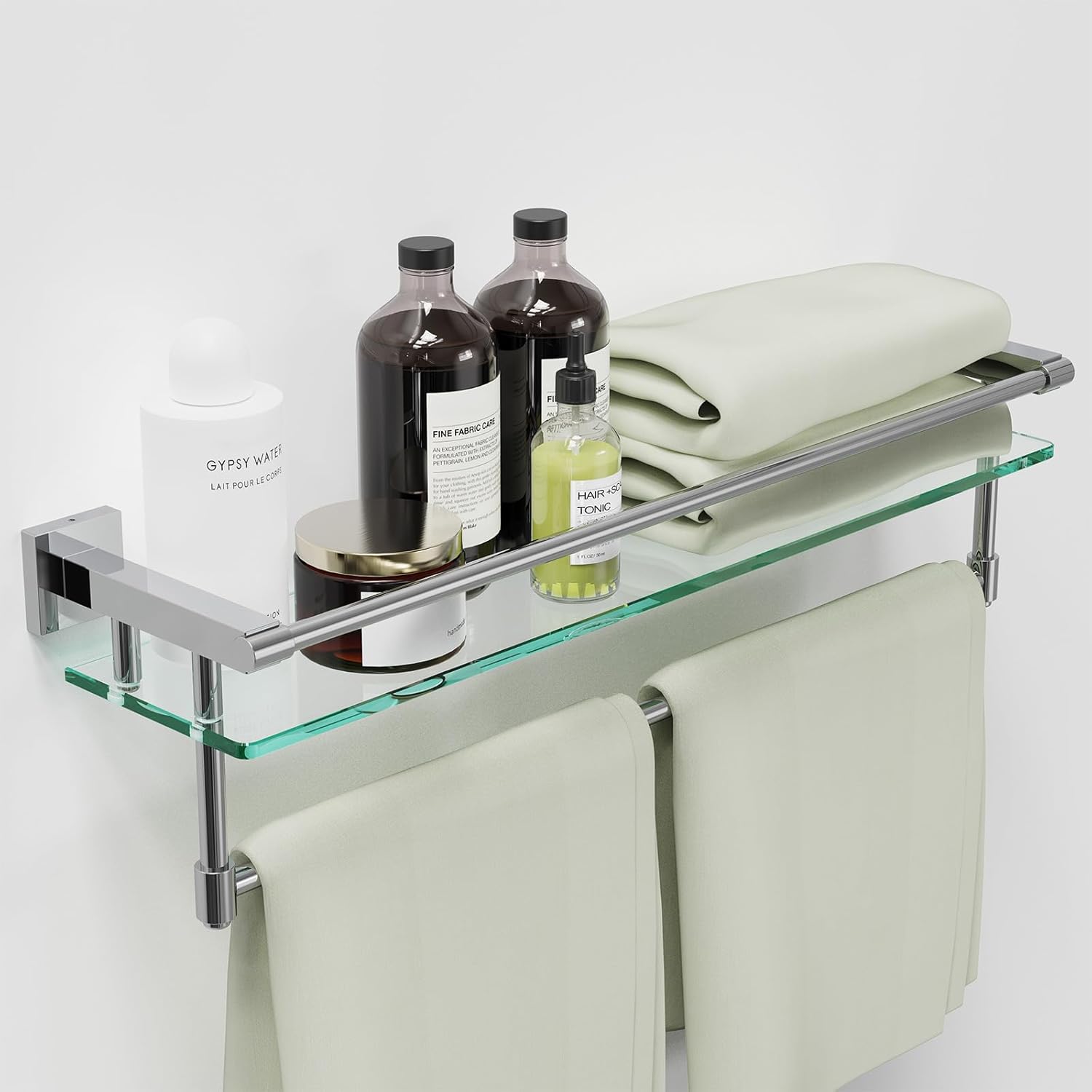 AUCT 18535 - $59 24 Inches Floating Glass Shelves for Wall with Towel Bar/Track, SUS 304 Stainless Stee