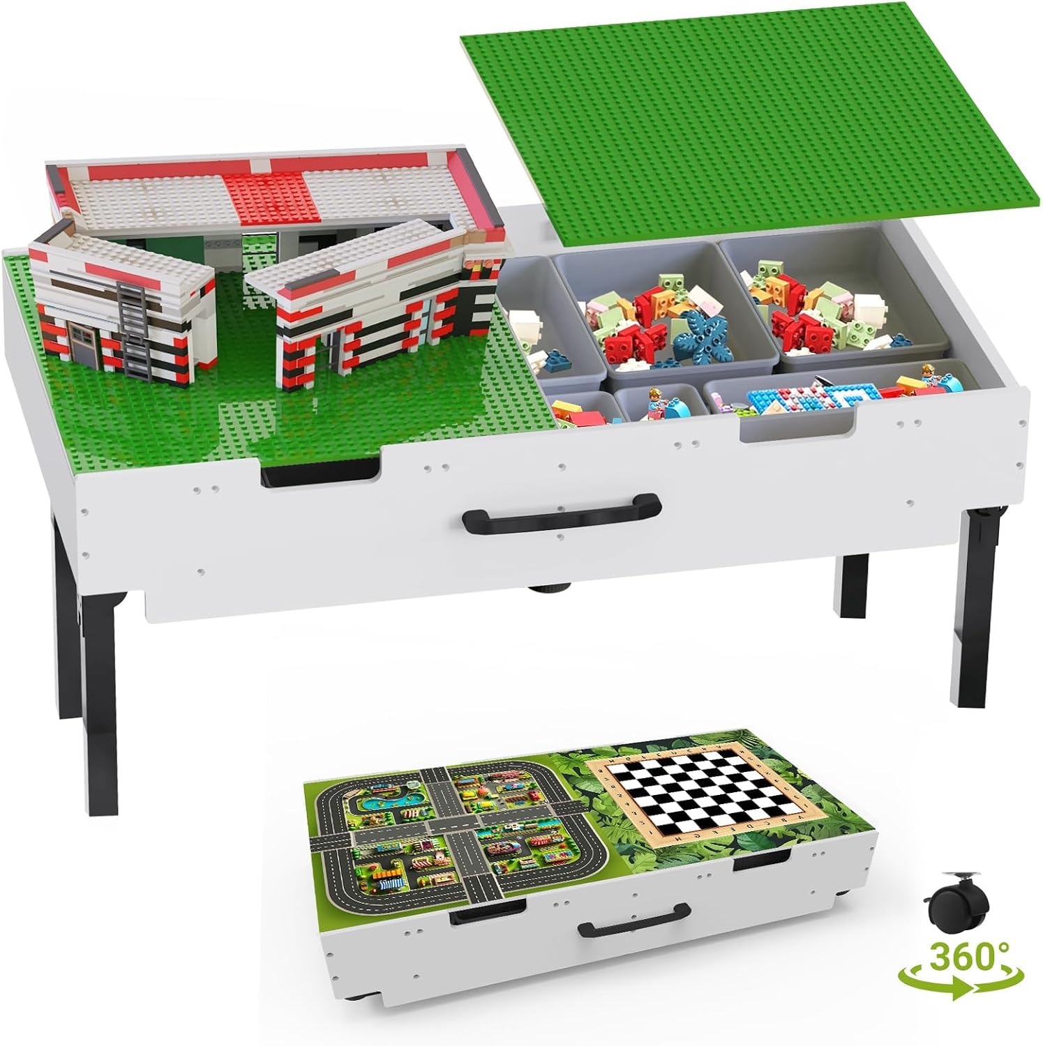 AUCT 18980 - $104 3 in 1 Lego Table with Storage,Wooden Kids Activity Table Compatible with Lego and Bu