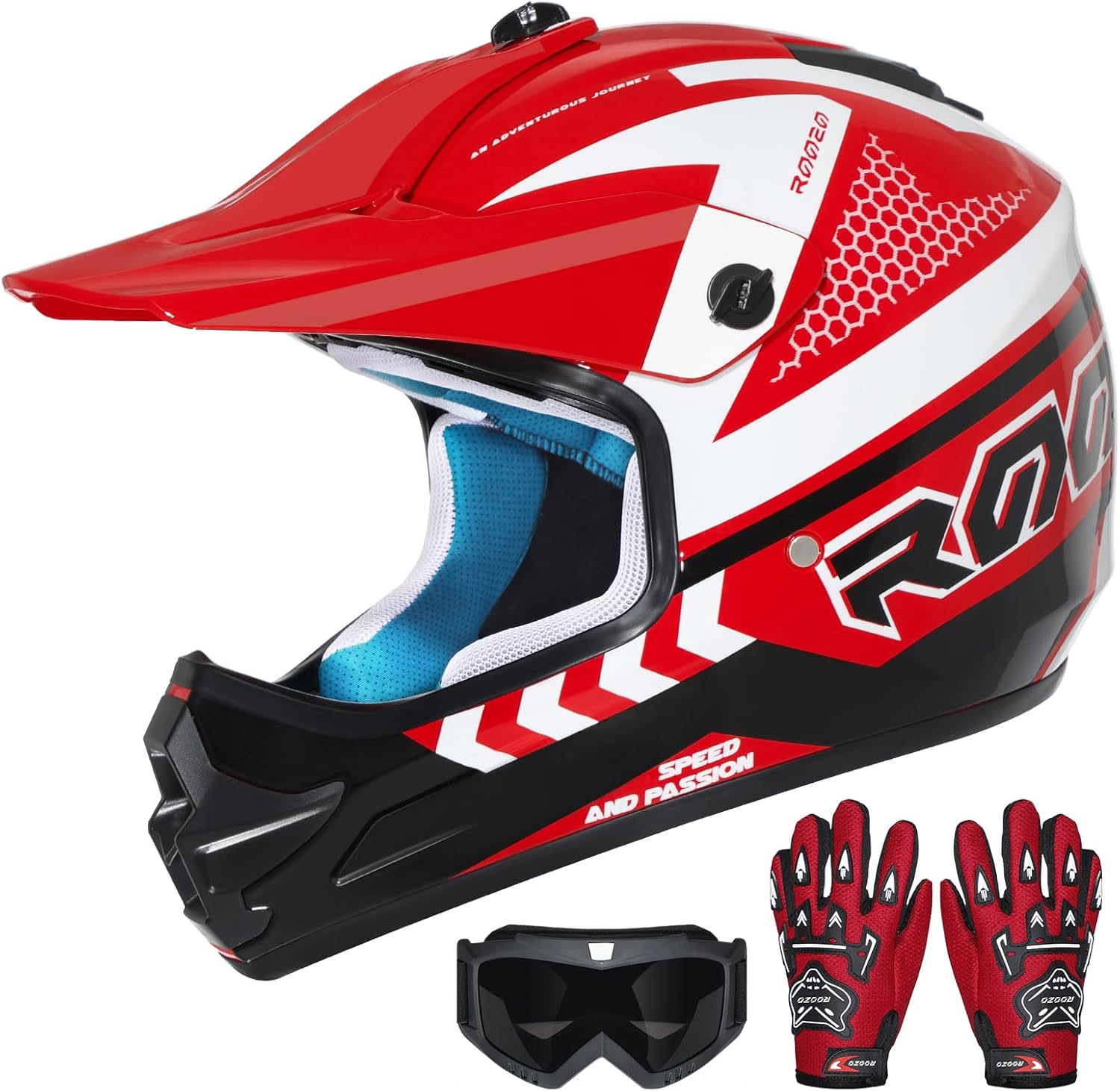 AUCT 18659 - $60 Youth Kids Dirt Bike Helmet DOT Approved, Full Face Motocross Set | 4-in-1 set include