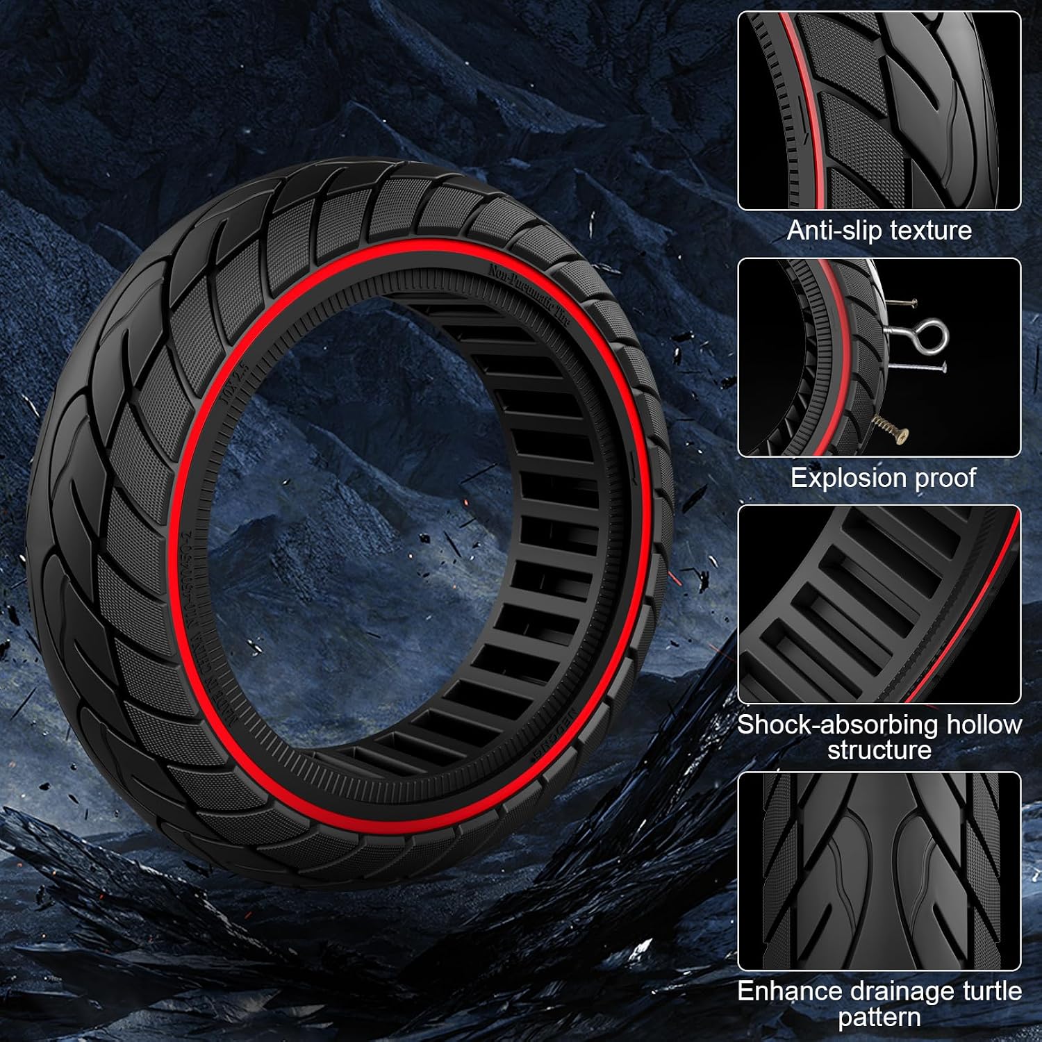 AUCT 19423 - Cooryda 60/70-6.5 Scooter Tire, 10x2.50 Solid Scooter Tire 10 inch Electric Rubber Tubeles - Image 2