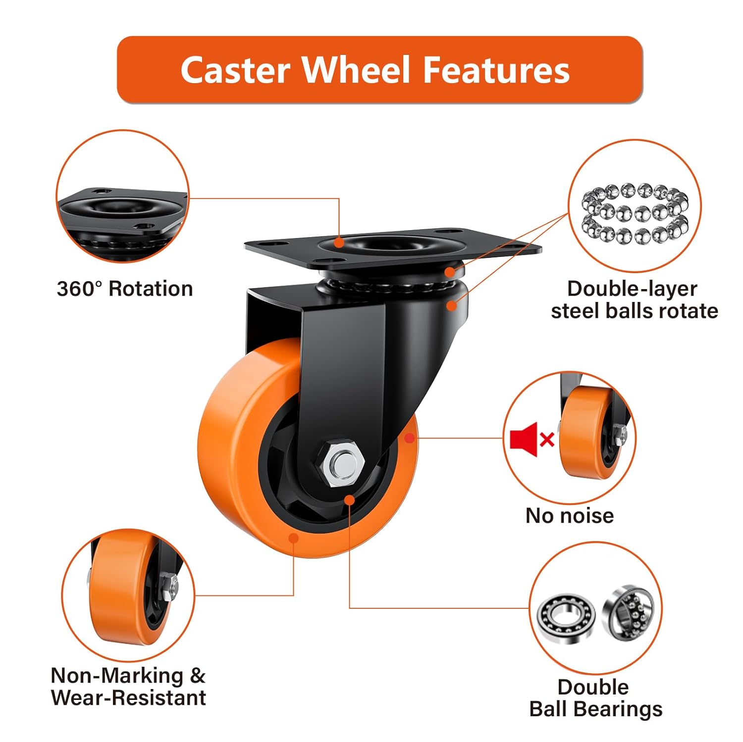 AUCT 18371 - 3" Swivel Plate Casters Set of 4 Heavy Duty 1000 lbs | Orange PU, Non-Marking, Quiet. 1000 - Image 3