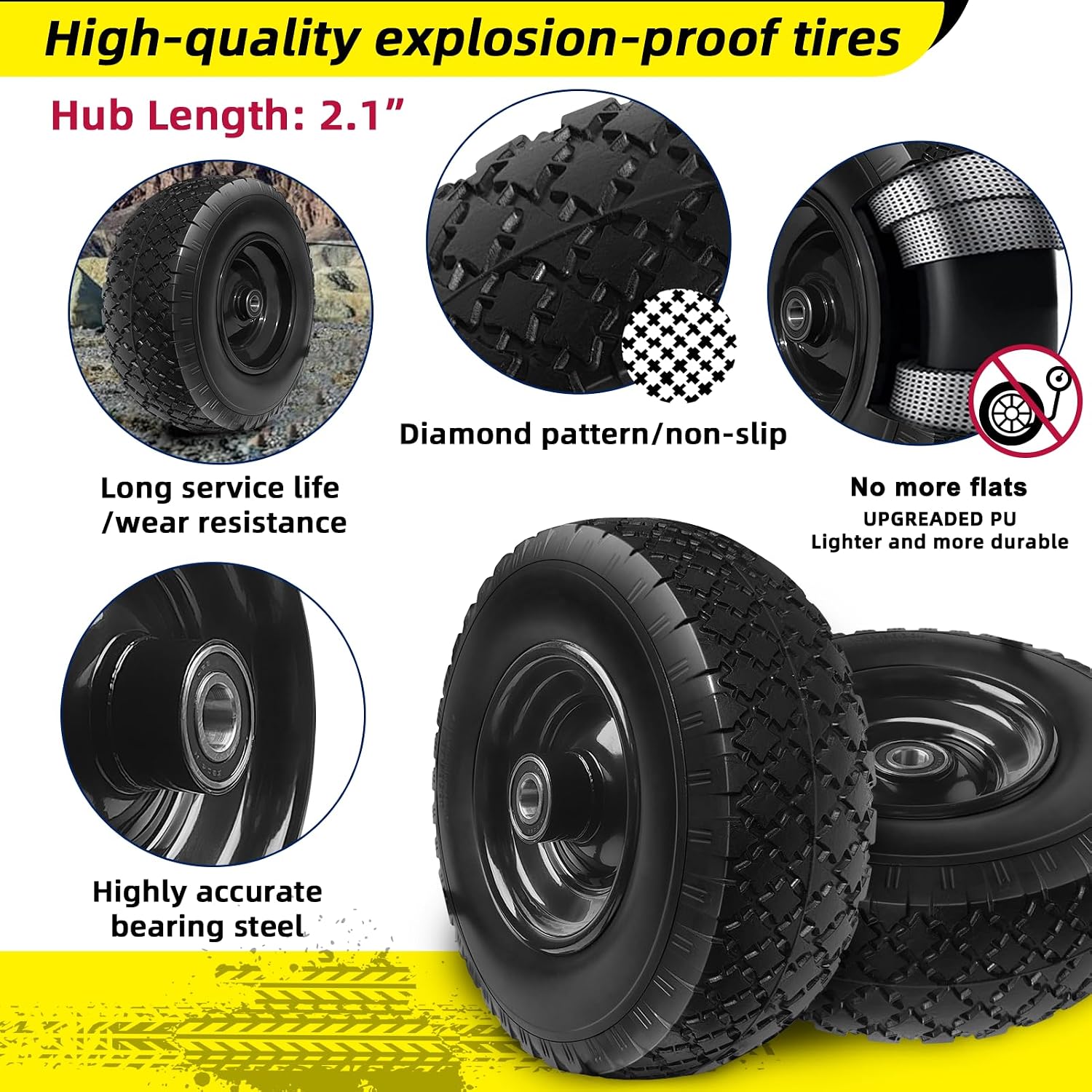 AUCT 19903 - $54 12' Flat Free Tires Rubber Replacement Solid Tire, 2.1" Offset Hub Wheel Assemblies fo - Image 4