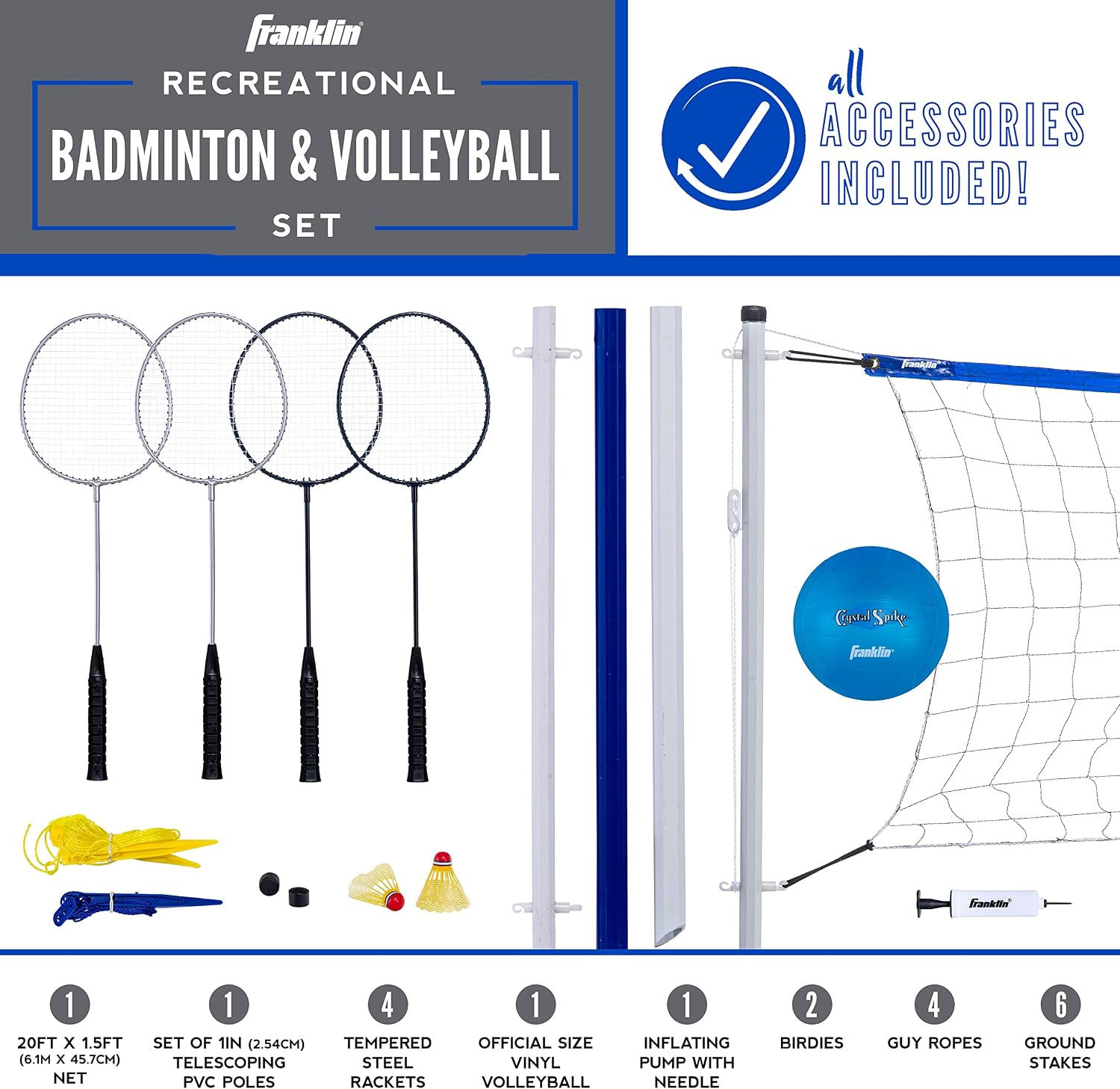 AUCT 18347 - Franklin Sports Volleyball + Badminton Sets - Beach + Backyard Game Set - Volleyball, Pump - Image 2