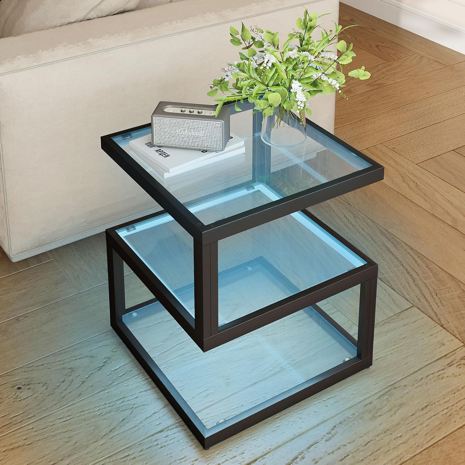 AUCT 18584 - $130 3-Tier Floating Side Table with Clear Tempered Glass and Metal Frame | Features a Vis - Image 3