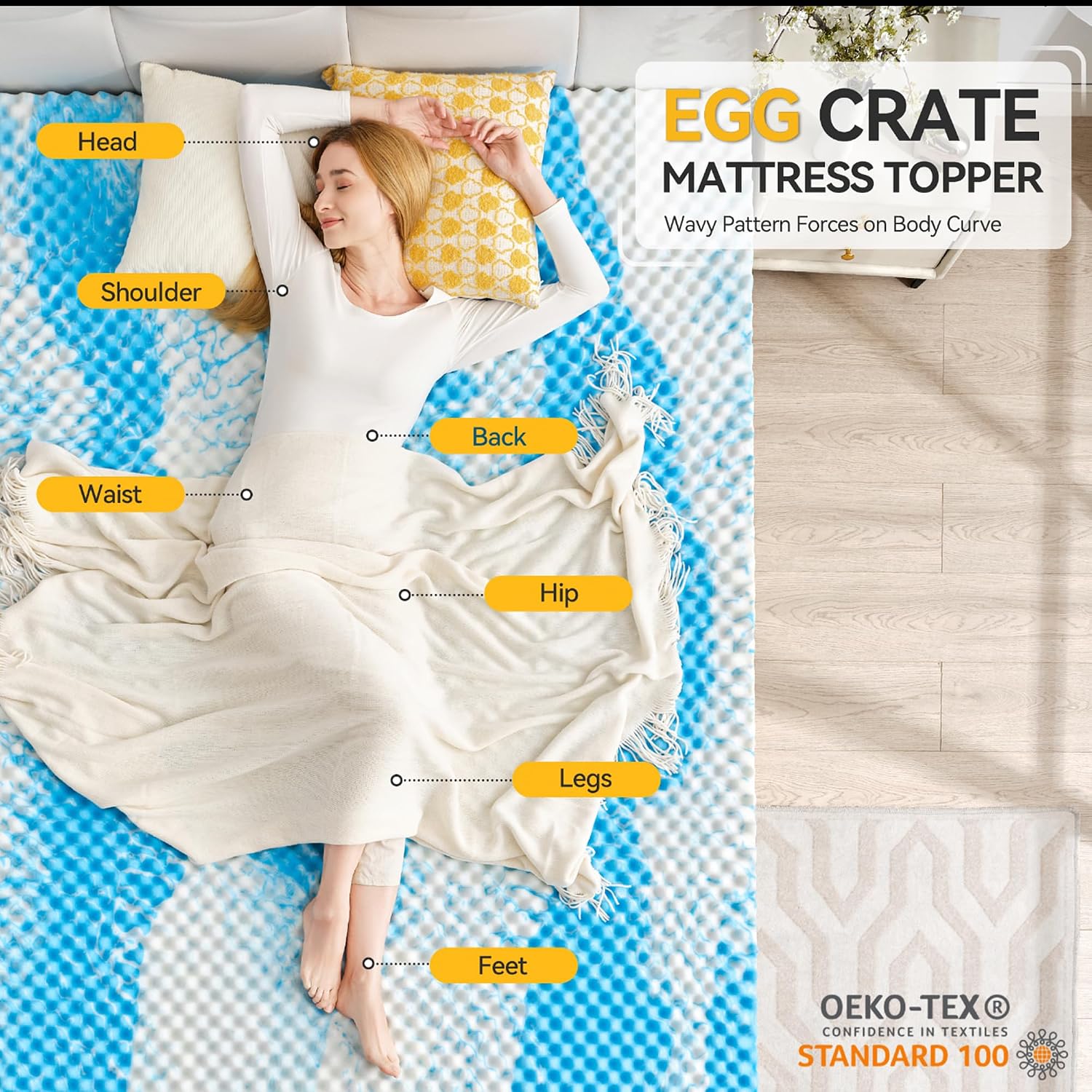 AUCT 18343 - $90 SINWEEK 3 Inch Egg Crate Memory Foam Mattress Topper Queen Size, Soft Mattress Pad for - Image 2