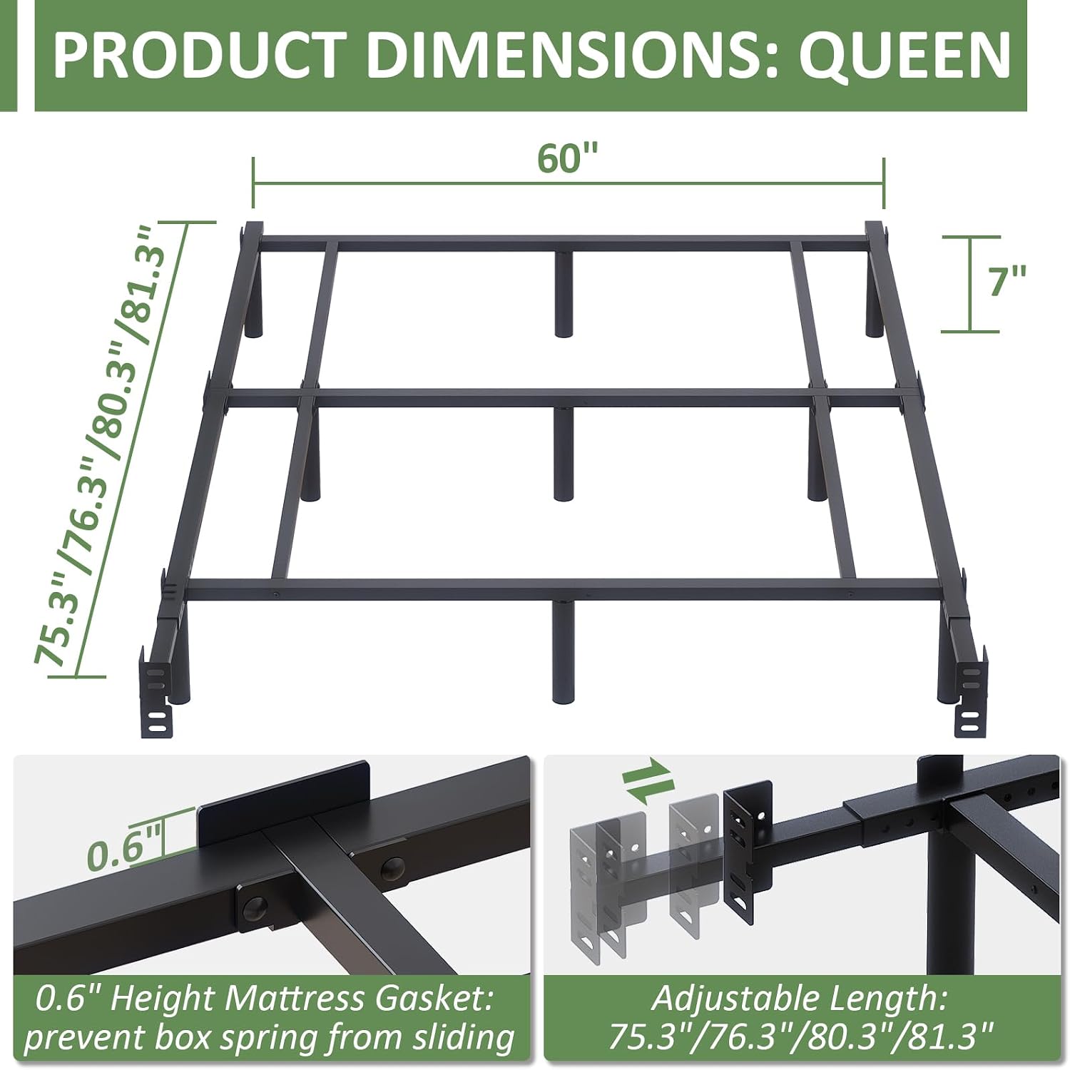 AUCT 19819 - $55 Queen Metal Bed Frame, 7 Inch Low Heavy Duty Platform Bed Frames Queen Size for Box Sp - Image 2