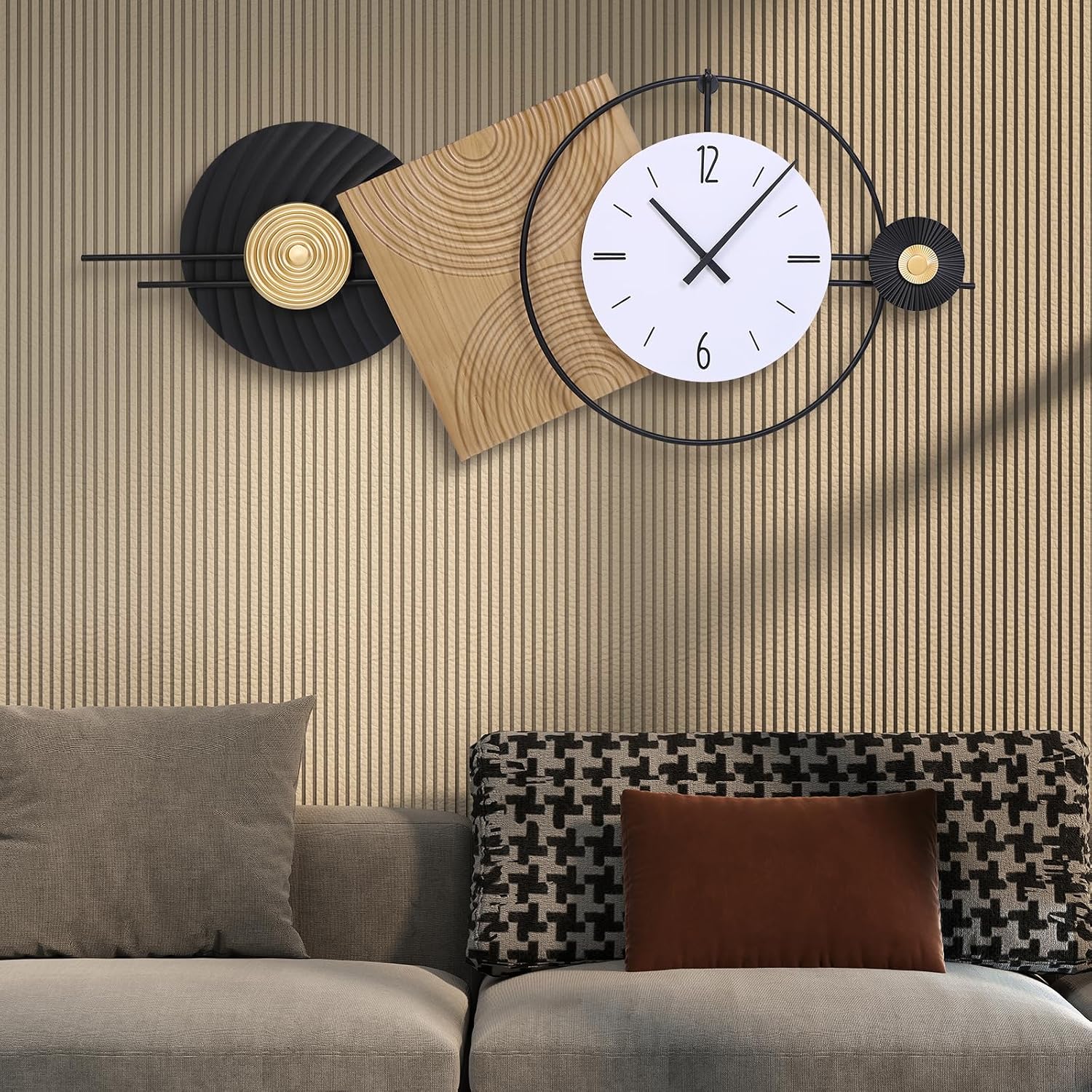 AUCT 18349 - $85 37.7X21Inch Large Modern Wall Clock | Geometric Dial-Solid Wood Metal Frame Silent Non - Image 4