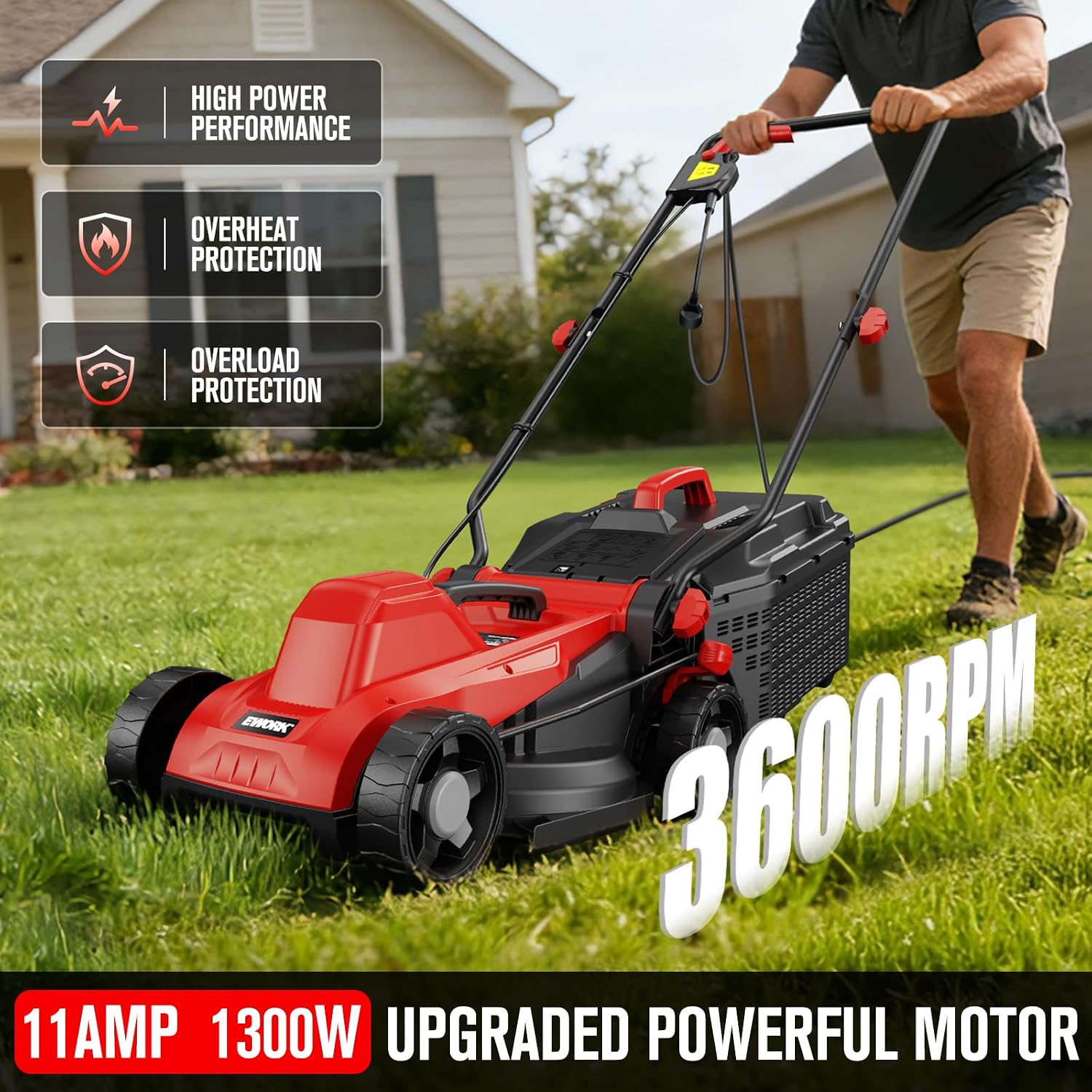 AUCT 18546 - $100 EWORK Corded Electric Lawn Mower 14-Inch, 11Amp Electric Push Mower with 30L Collecti - Image 4