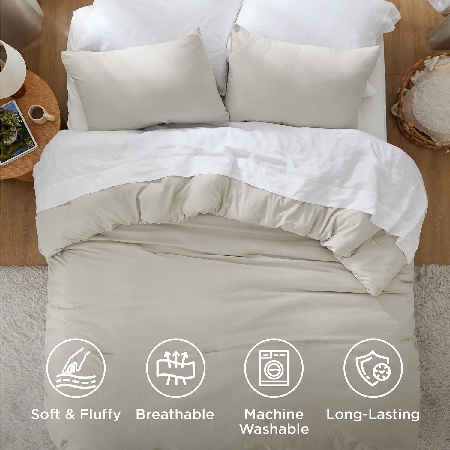 AUCT 17853 - $55 Bedsure King Comforter Set, Beige Soft Prewashed Bedding for All Seasons, 3 Pieces Gen - Image 4