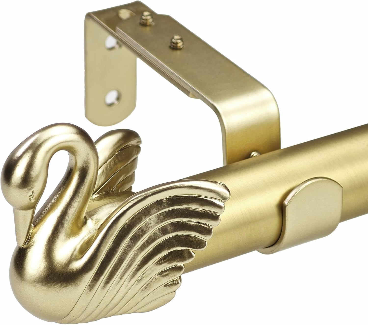 AUCT 18976 - 1-1/8 Inch Diameter Brushed Gold Curtain Rods with Swan Finial, 36-72' Telescoping Single