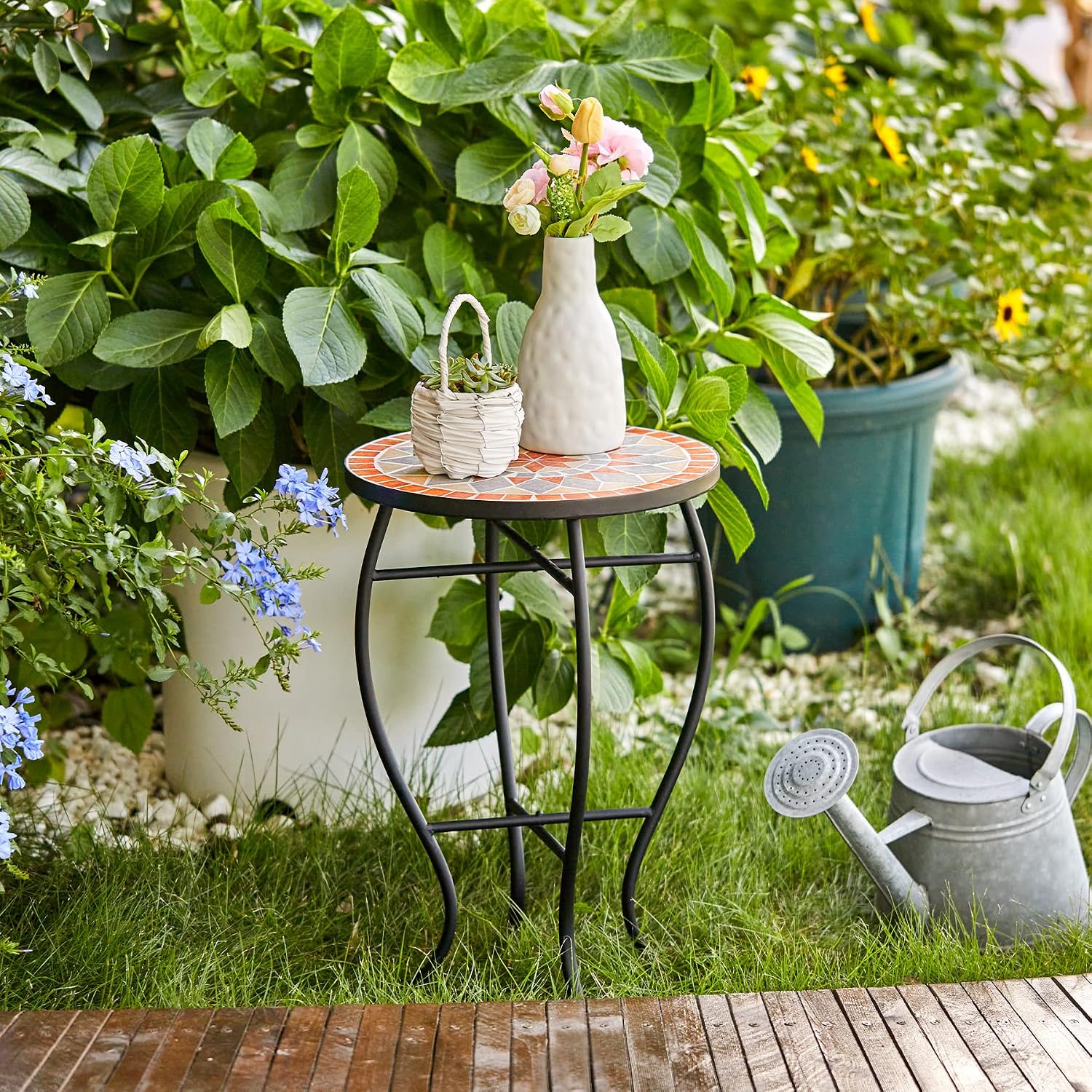 AUCT 18563 - VONLUCE Mosaic Side Table and Plant Stand, 21" Round End Table with 14" Ceramic Tile Top, - Image 2