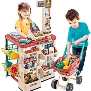 AUCT 18477 - $53 deAO Grocery Store Playset with Kids Shopping Cart,66 PCS Supermarket Toy | Sound Ligh