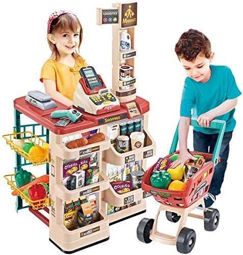 AUCT 18477 - $53 deAO Grocery Store Playset with Kids Shopping Cart,66 PCS Supermarket Toy | Sound Ligh