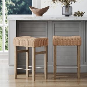 AUCT 17699 - $215 Nathan James Harvey Rattan Bar Stool, Bohemian Counter Height Stool with Woven Seagra