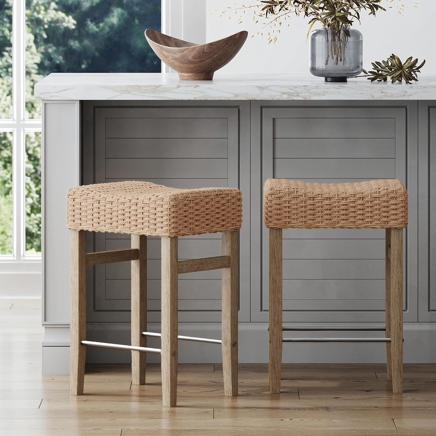 AUCT 17699 - $215 Nathan James Harvey Rattan Bar Stool, Bohemian Counter Height Stool with Woven Seagra