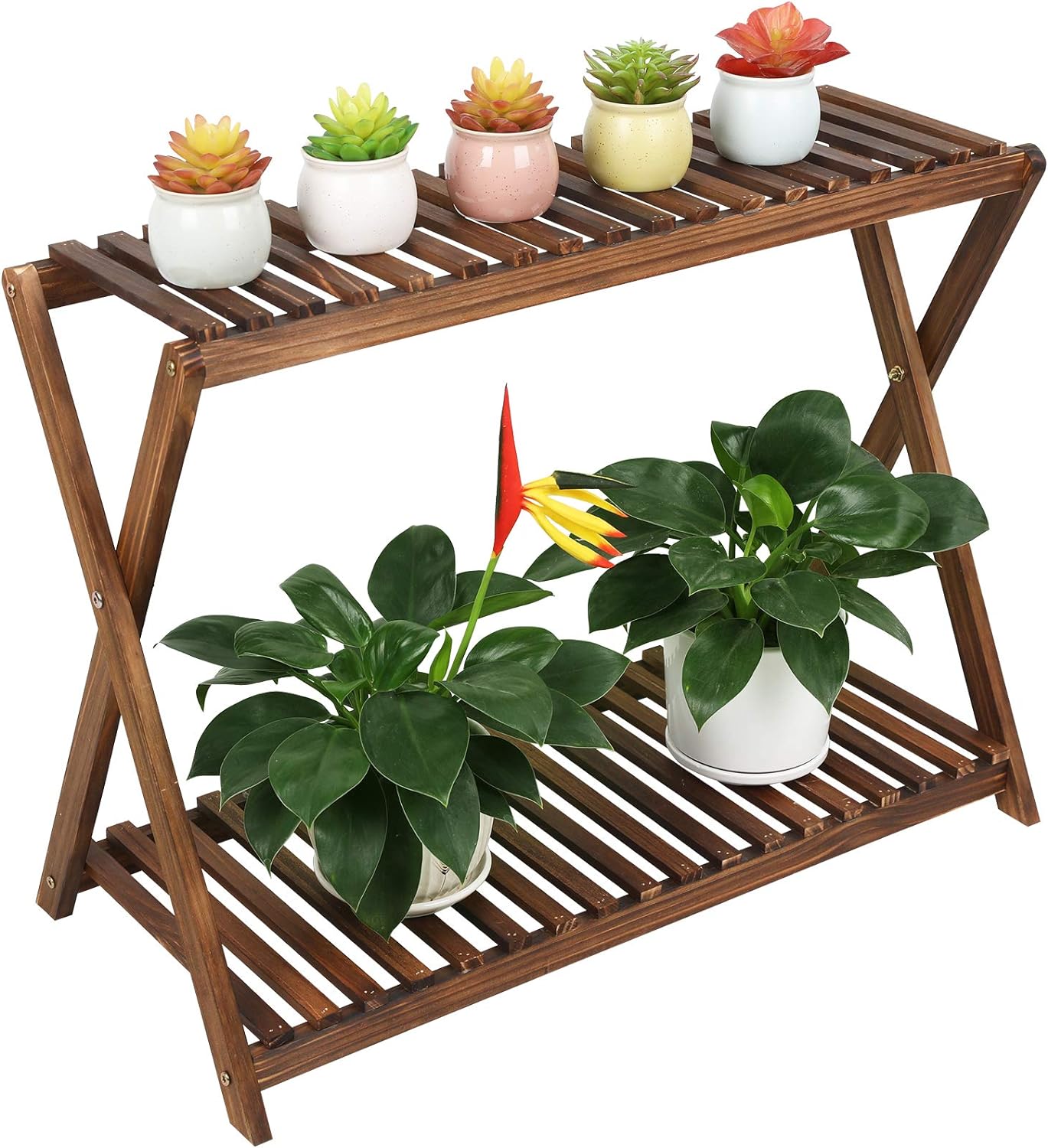 AUCT 18532 - Wood Plant Stand Shelf Indoor Outdoor 2 Tier Plant Bench Corner | Stepped Flower Stand Pla