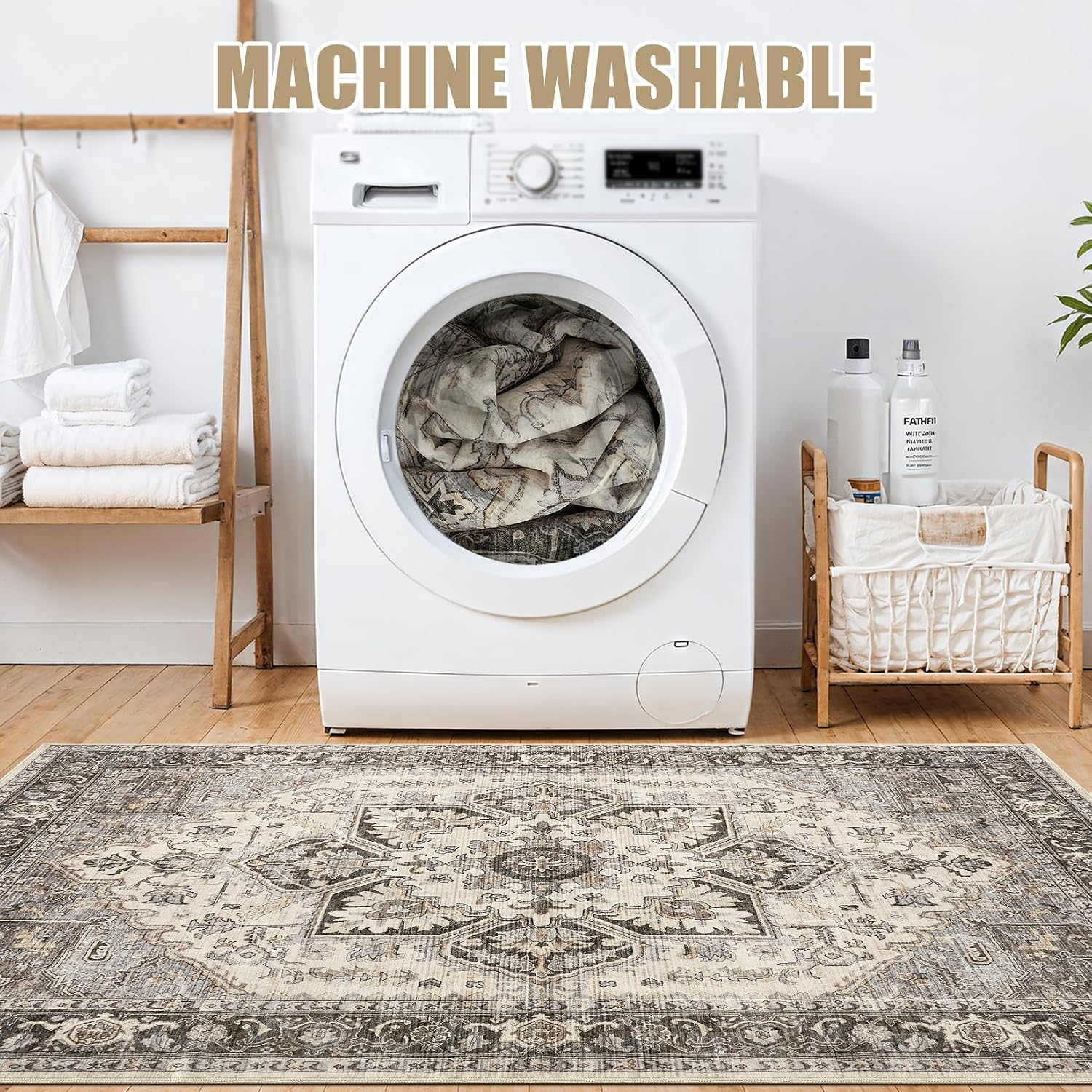 AUCT 18375 - $110 Vintage 9x12 Rugs for Living Room Washable Area Rug Grey Brown | Soft, Pet & Kid Frie - Image 4