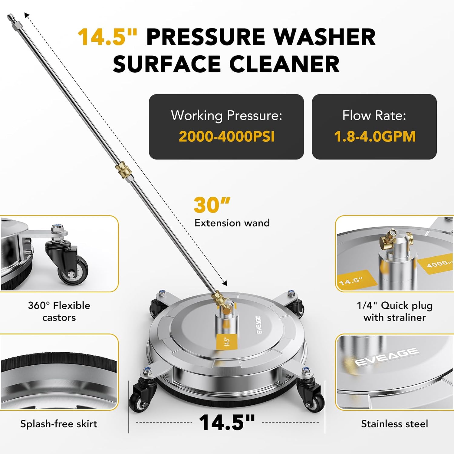 AUCT 18361 - EVEAGE 14.5" Pressure Washer Surface Cleaner,Stainless Steel Pressure Washer Accessories 4 - Image 4