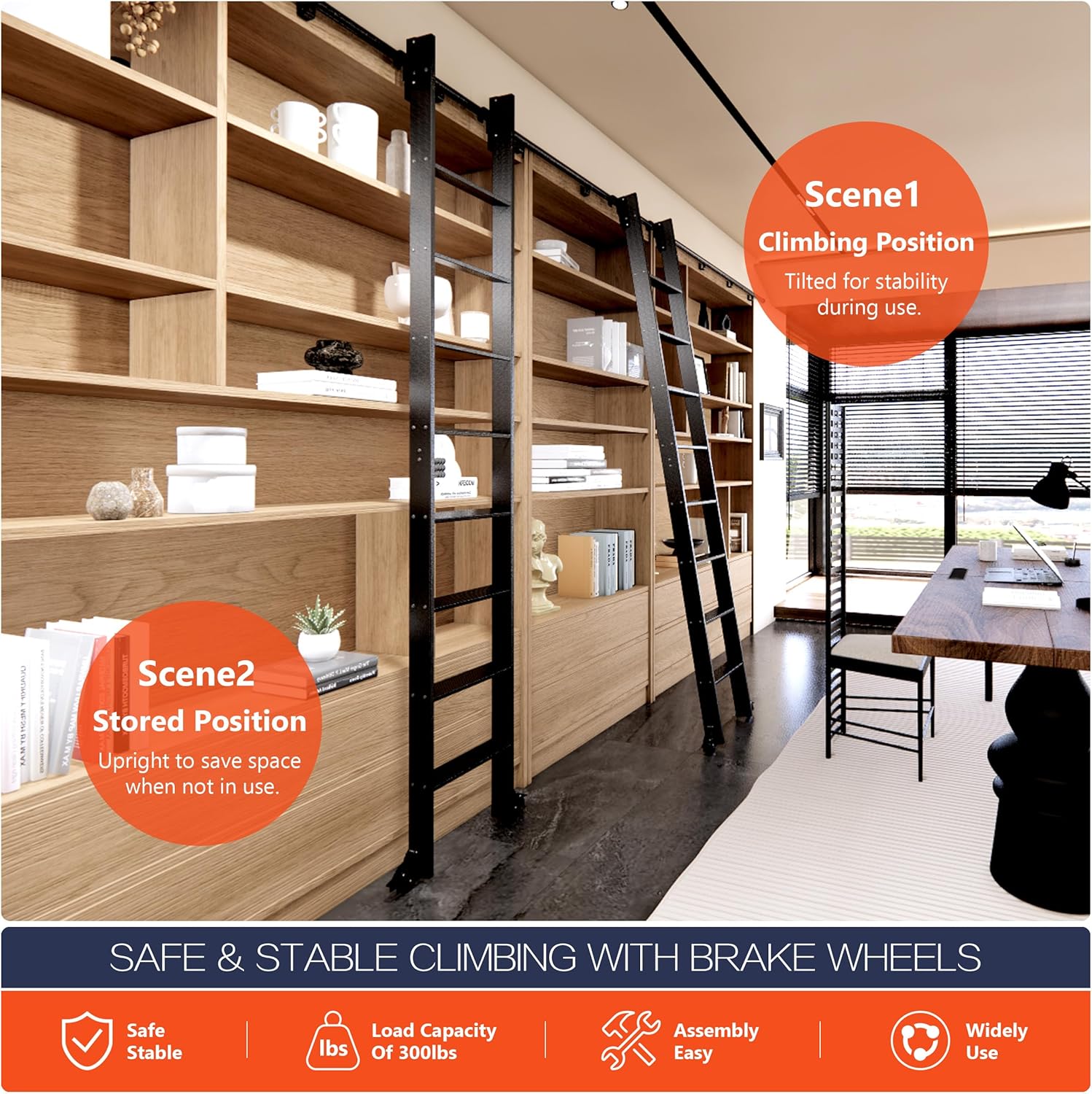 AUCT 18325l - $352 87" Hook-On Sliding Library Ladder with 3.3FT Track, Lightweight | Rolling Ladder wit - Image 2