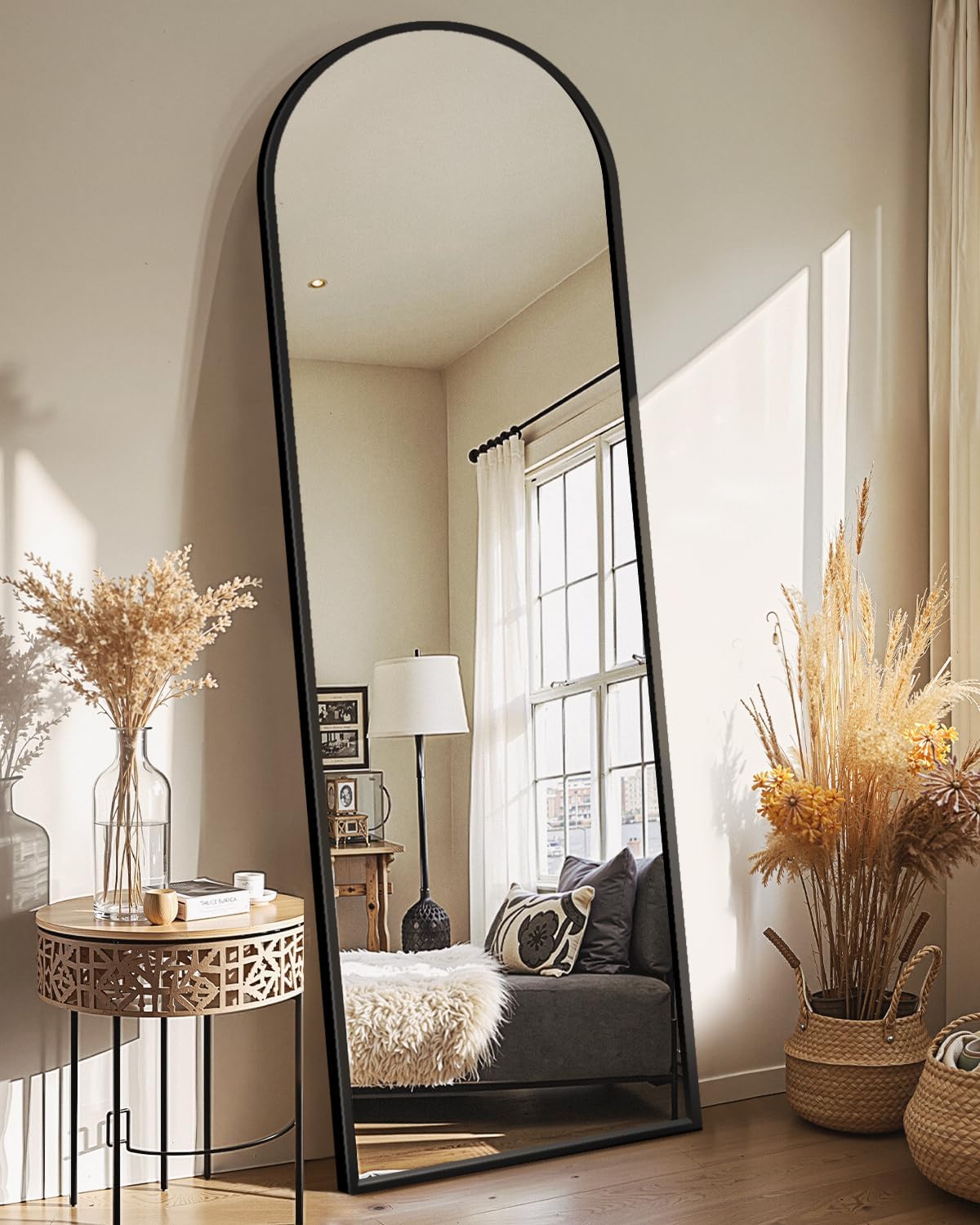 AUCT 18506mm - Arched Full Length Mirror with Stand, Black Floor Mirror | Aluminium alloy frame with HD f
