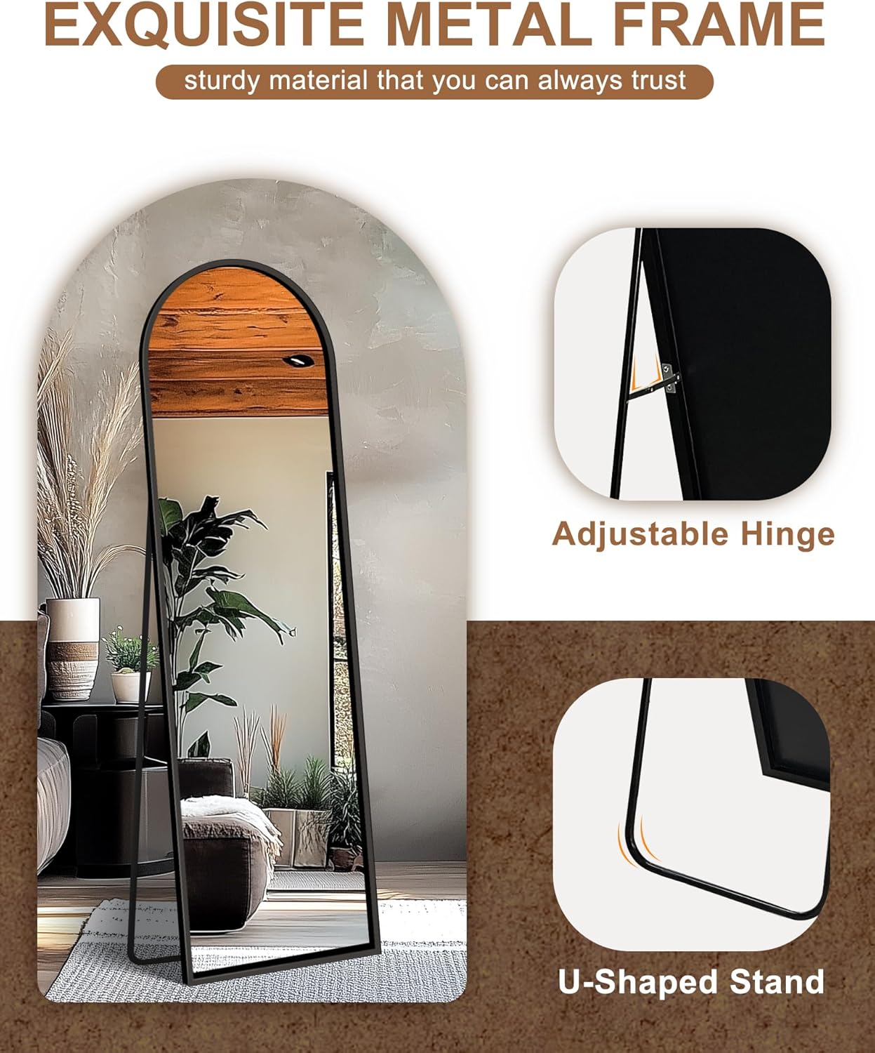AUCT 18506mm - Arched Full Length Mirror with Stand, Black Floor Mirror | Aluminium alloy frame with HD f - Image 4