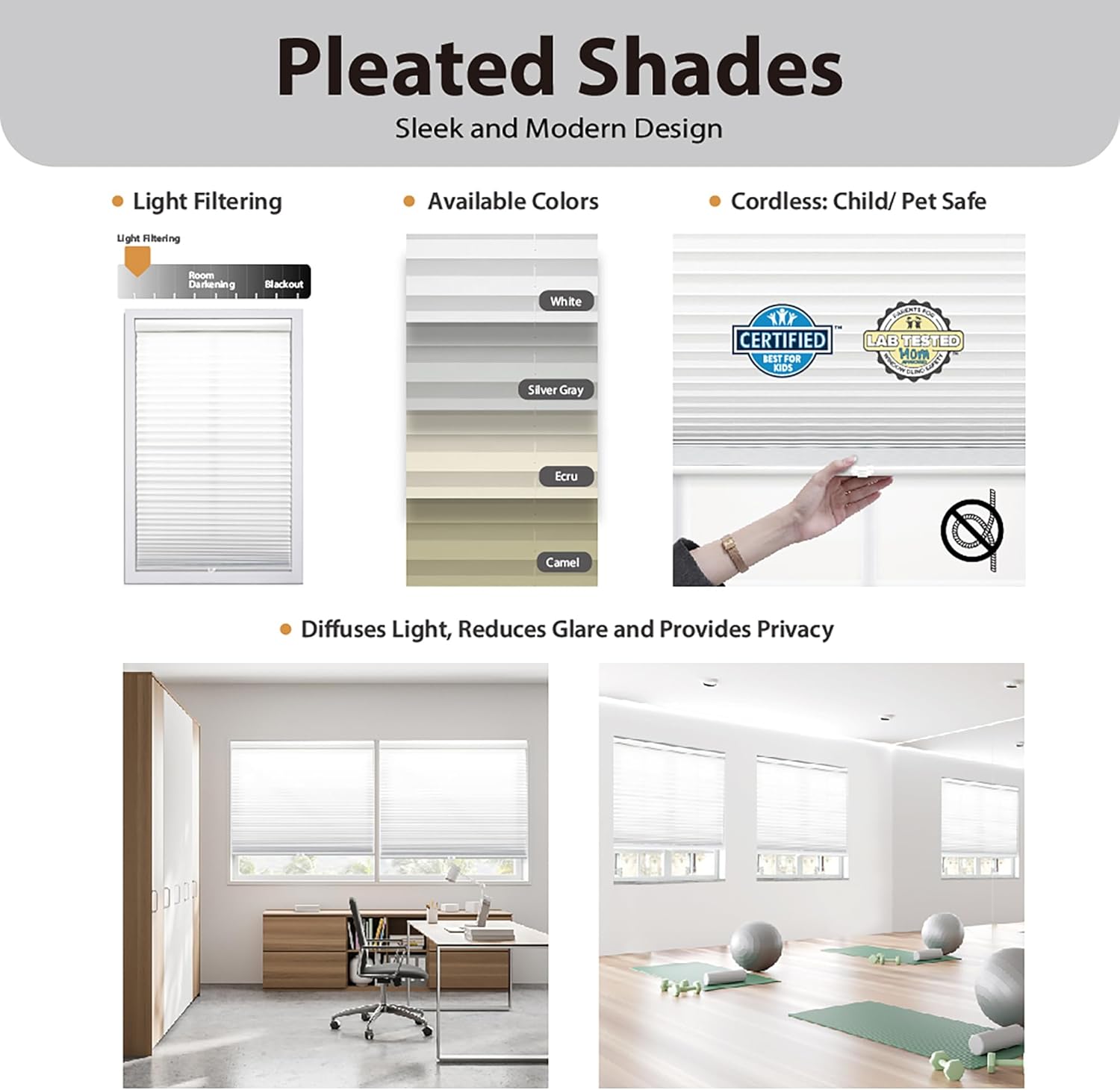 AUCT 19636 - DEZ FURNISHINGS Cordless 1" Light Filtering Pleated Shade, Fabric, 27"W x 72"H, White - Image 2
