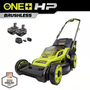 AUCT 17760 - $299 ONE+ HP 18V Brushless 16 in. Cordless Battery Walk Behind Push Lawn Mower with (2) 4.