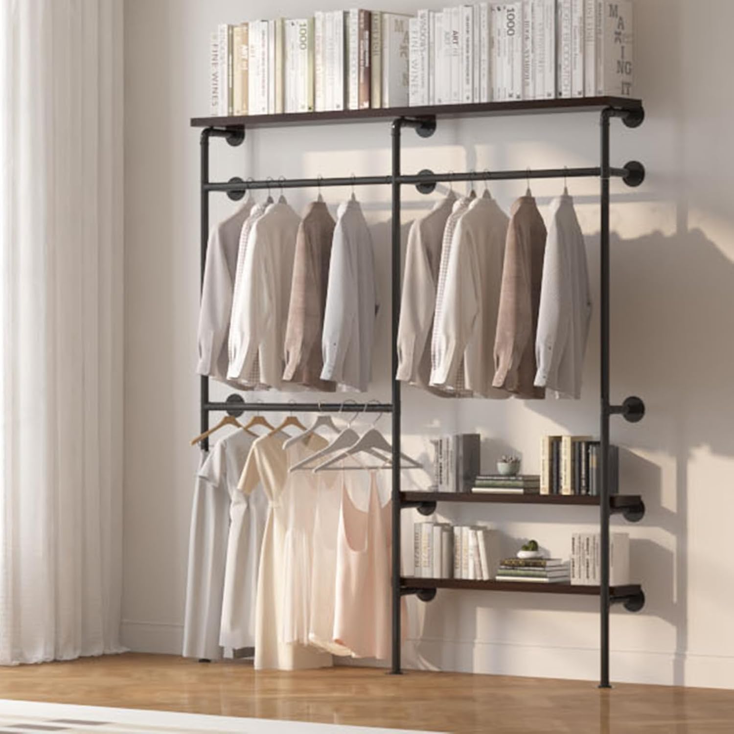 AUCT 17603 - $71 HOMEKAYT Industrial Pipe Clothes Rack,Wall Mounted Clothing Rack with Shelves, Heavy D