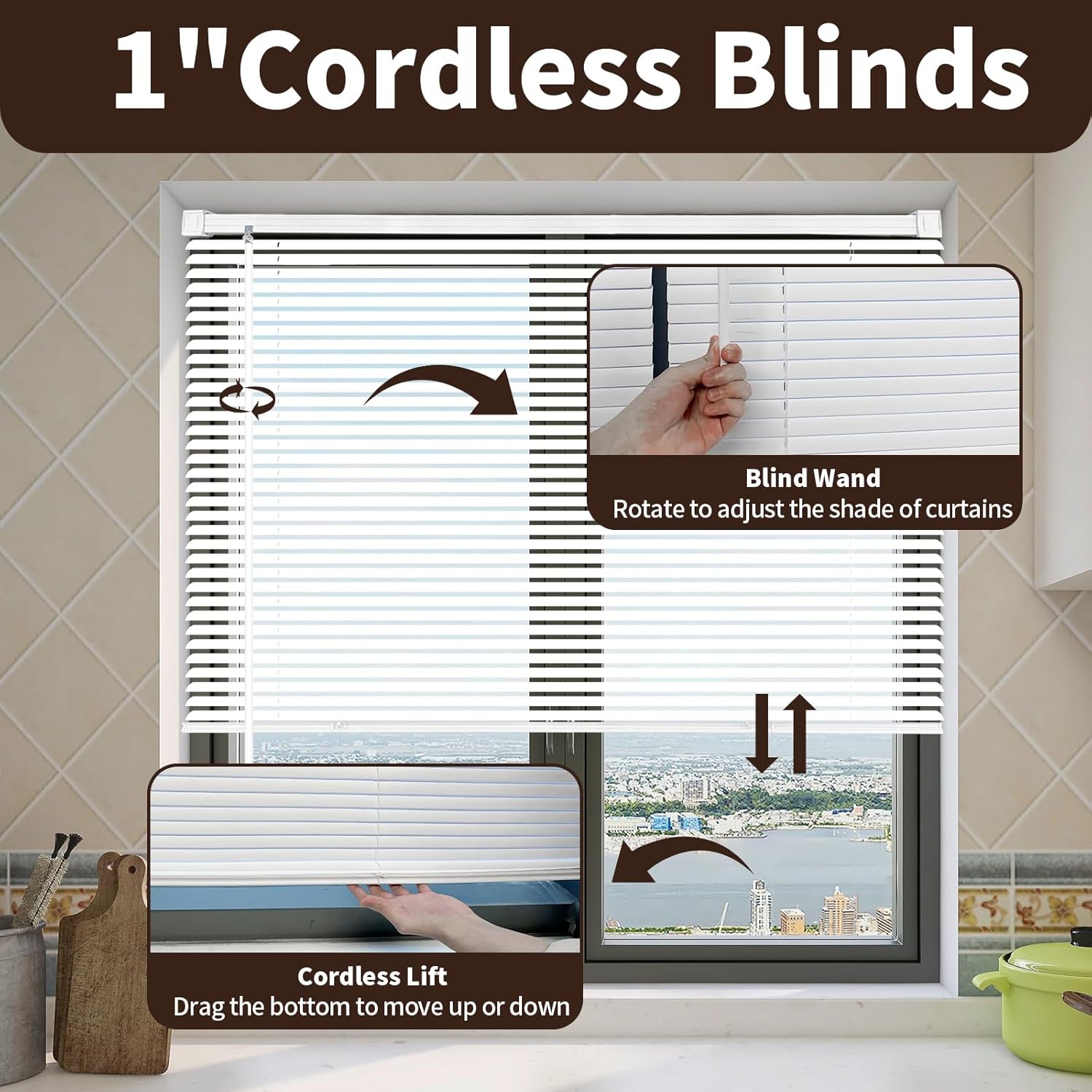 AUCT 19845 - 1" Cordless Mini Blinds 23" W x 72" H, White Vinyl Blinds, Horizontal Light Filtering Blin - Image 3