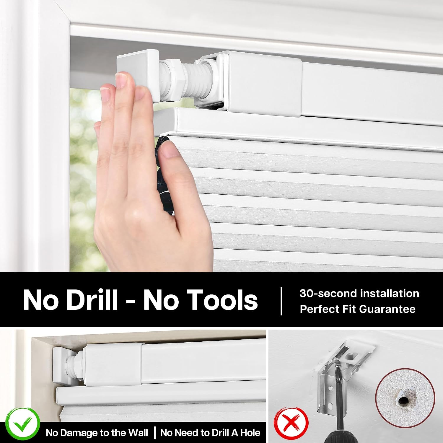 AUCT 19528 - Lazblinds No Drill TDBU Cellular Shades, 31" W x 64" H, White - Image 2