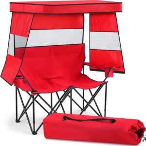 AUCT 17794 - $67 Double Camping Chair with Shade Canopy, 2 Person Beach Chair with Cup Holder Carrying