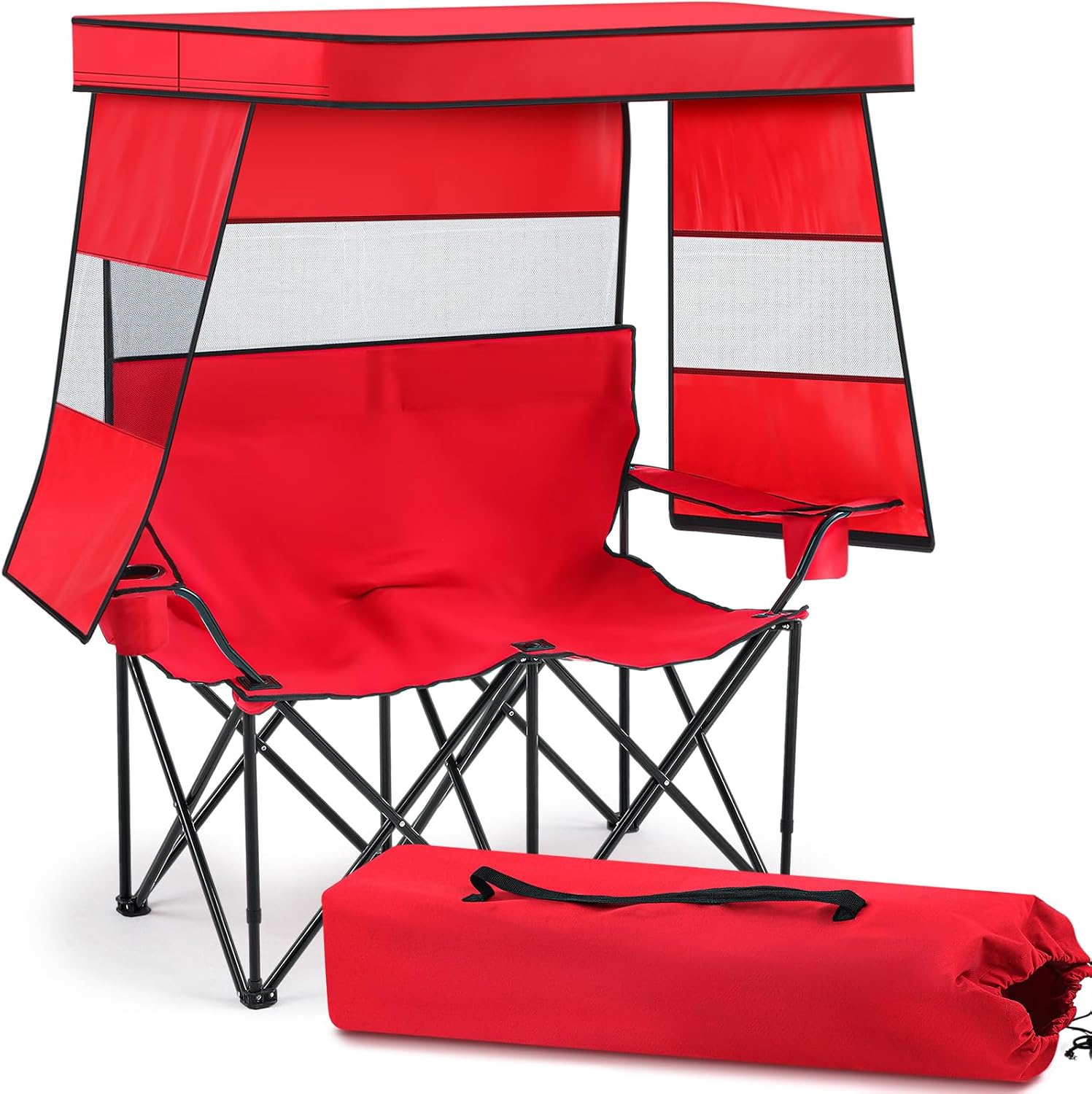 AUCT 17794 - $67 Double Camping Chair with Shade Canopy, 2 Person Beach Chair with Cup Holder Carrying