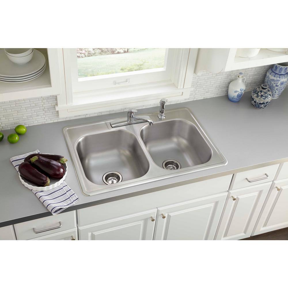 AUCT 18208 - $149 33 in. Drop-in Double Bowl 20 Gauge Stainless Steel Kitchen Sink with 4-Faucet Holes - Image 2