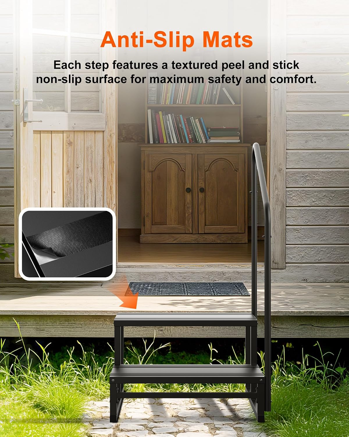 AUCT 17809 - $90 RV Steps with Handrail, 2 Steps RV Stairs with Wide Platform | Anti-Slip Tape, 1 Handr - Image 4