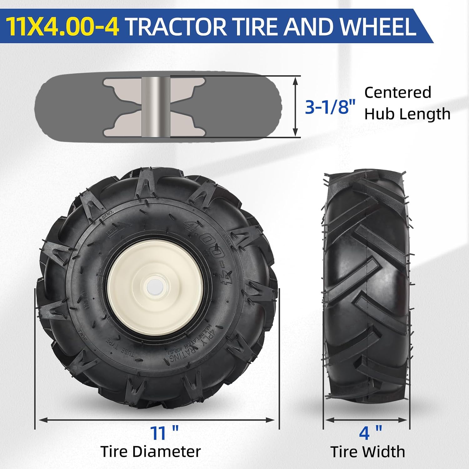 AUCT 18530 - 11x4.00-4 Tiller Tire & Wheel 3/4" Axle, 2PK for Craftsman Troy-Bilt | 4-Ply 3-1/8" Center - Image 3