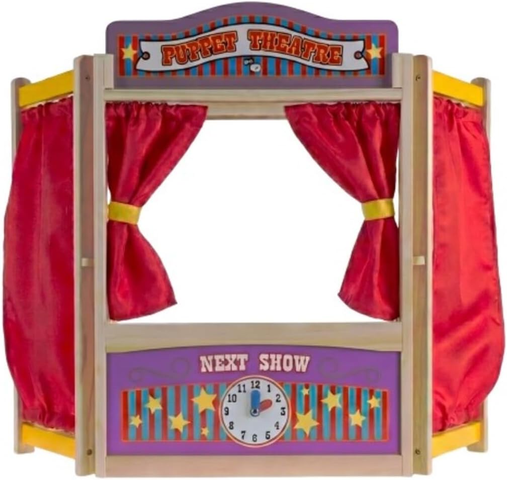 AUCT 18487 - HEY! PLAY! Puppet Theater for Kids, 30" x 26" | Wooden Tabletop Stage with Curtains, Black